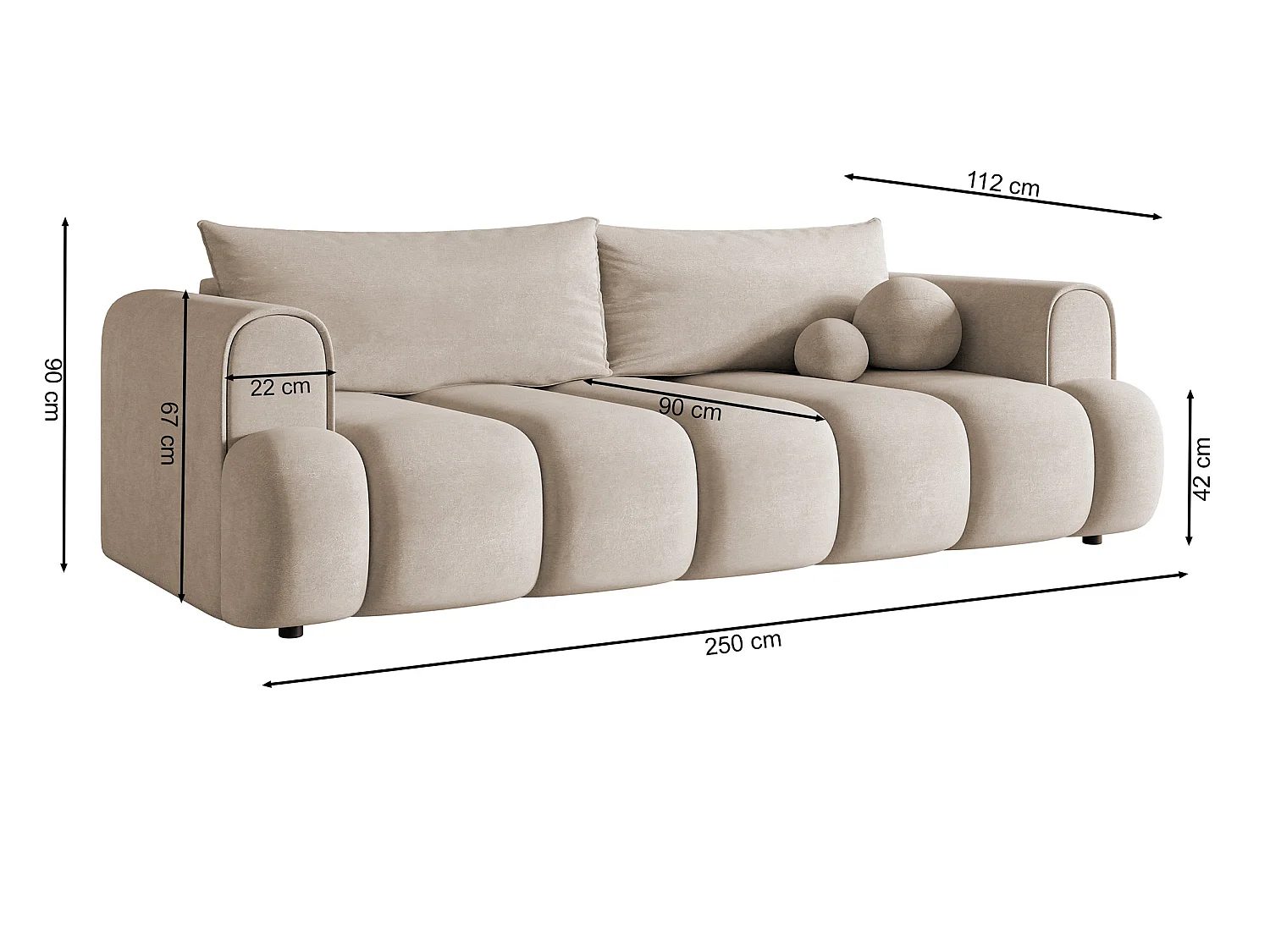 Canapé convertible trois places - tissu chenille beige - DANDELINO