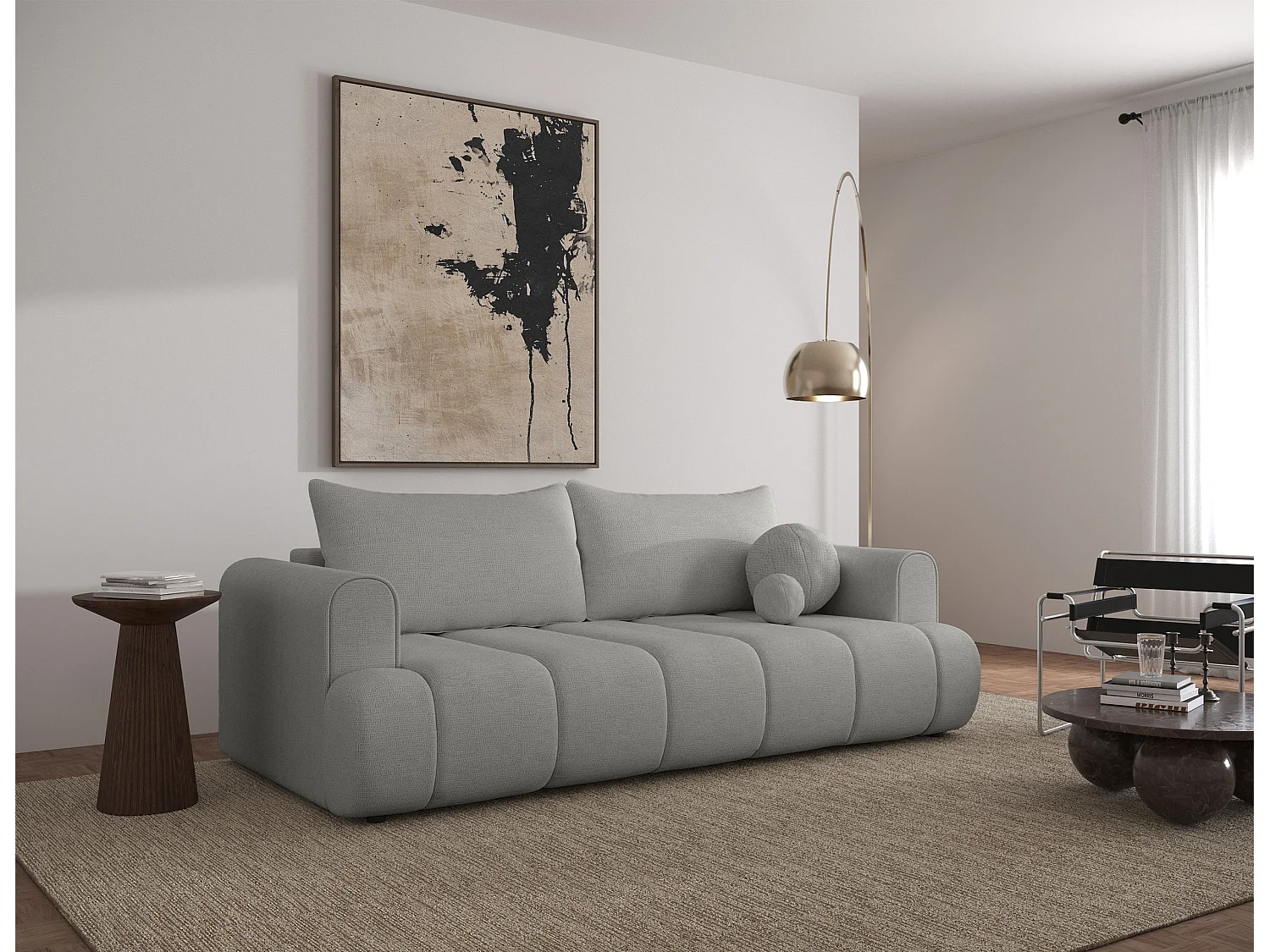 Canapé convertible trois places - tissu chenille gris - DANDELINO