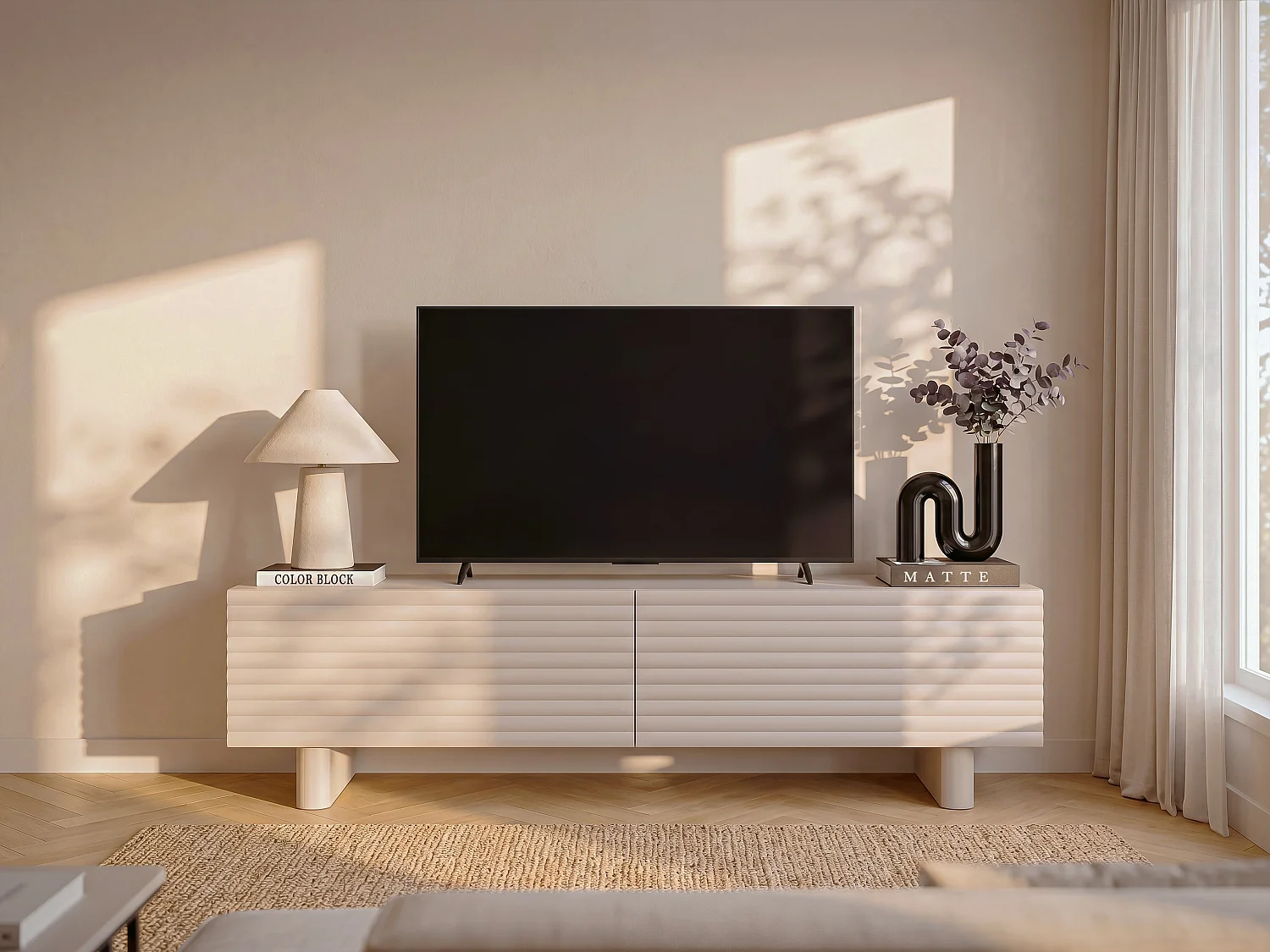 Meuble TV avec 2 portes en MDF - 150 cm - Beige - LUDIMA