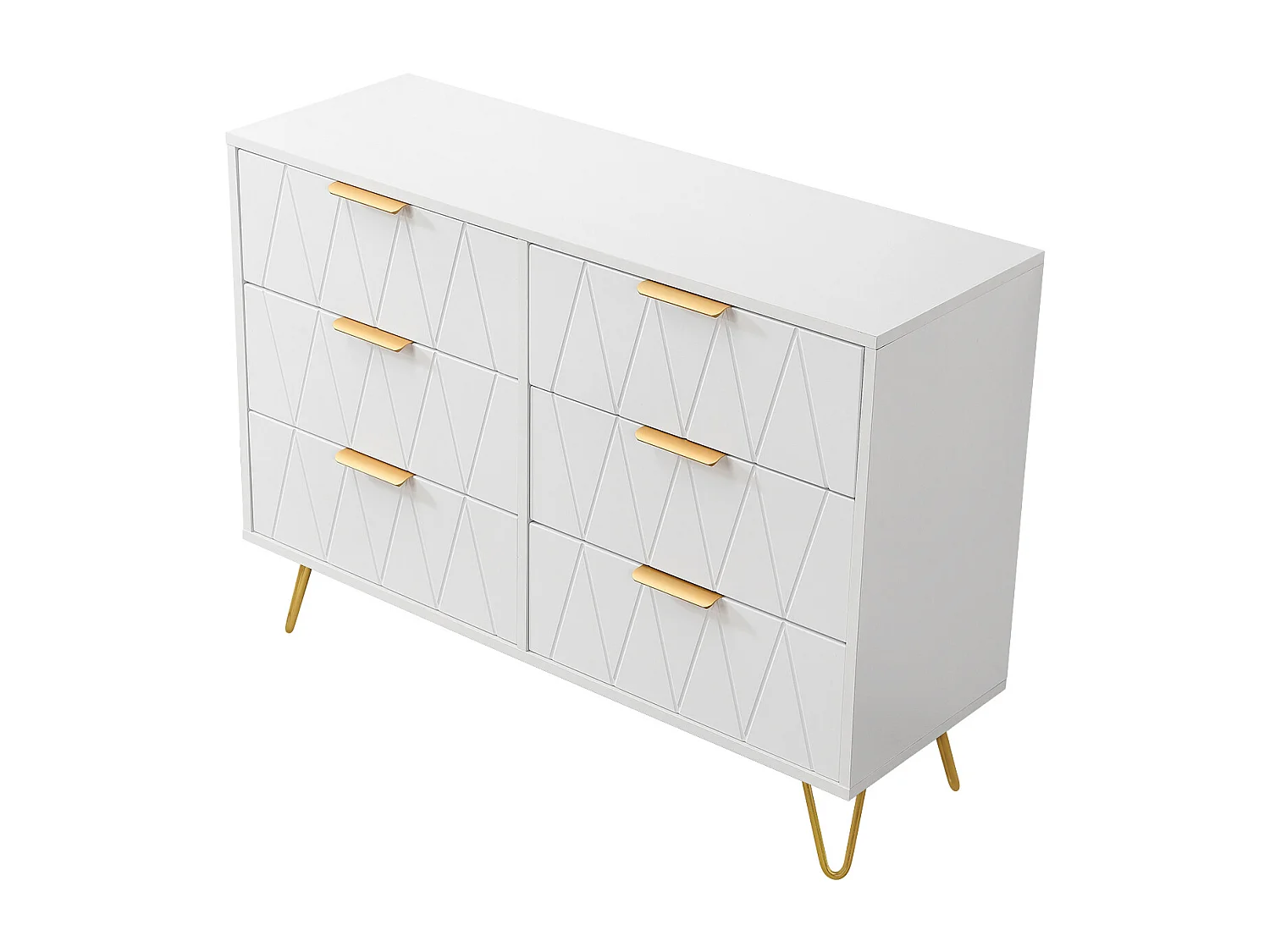 Buffet bas avec 6 Tiroirs - Commode - Bois MDF et métal doré - 100 x 34 x 73cm - Blanc