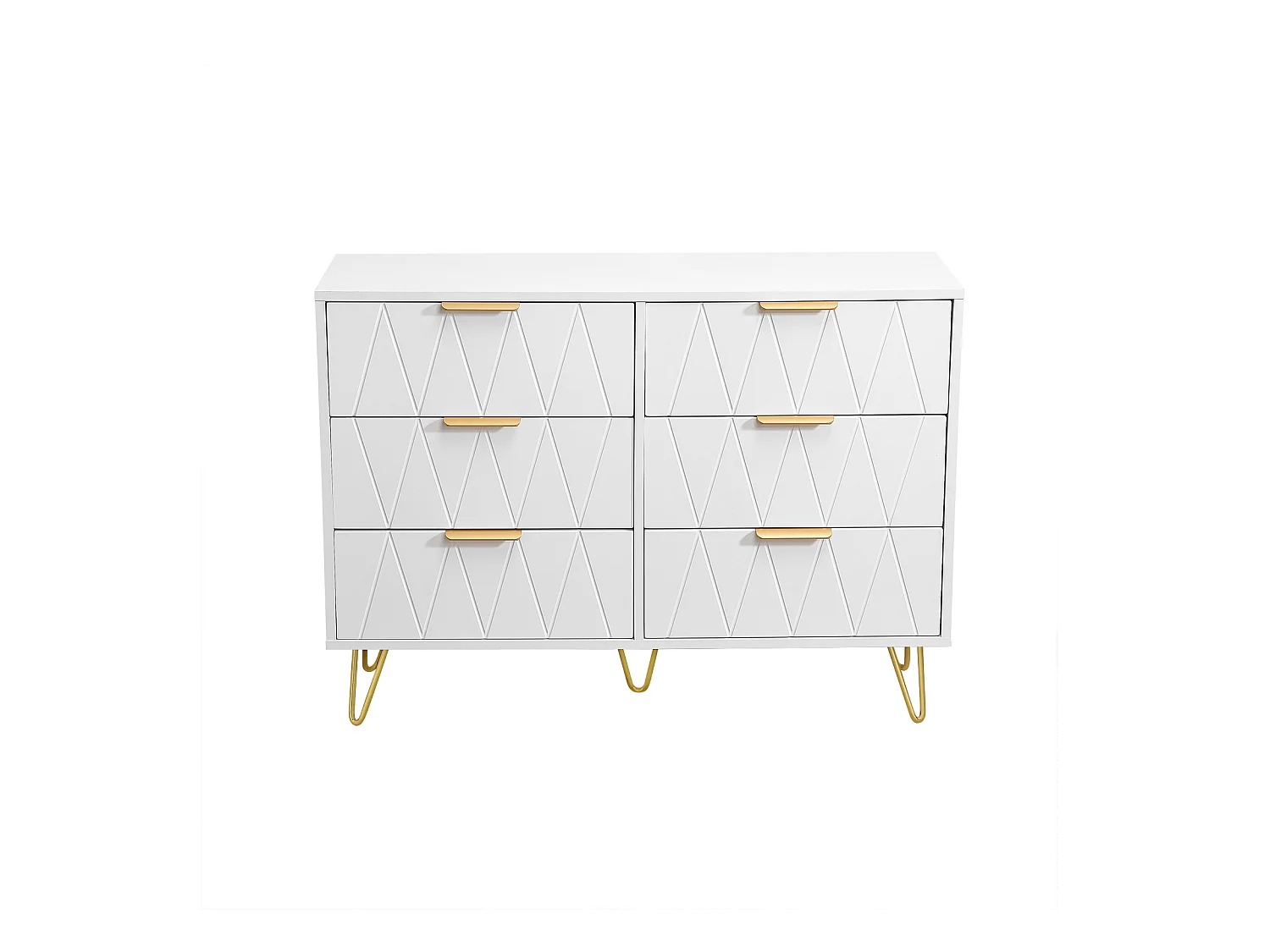 Credenza bassa con 6 cassetti - Cassettiera - Legno MDF e metallo dorato - 100 x 34 x 73cm - Bianco