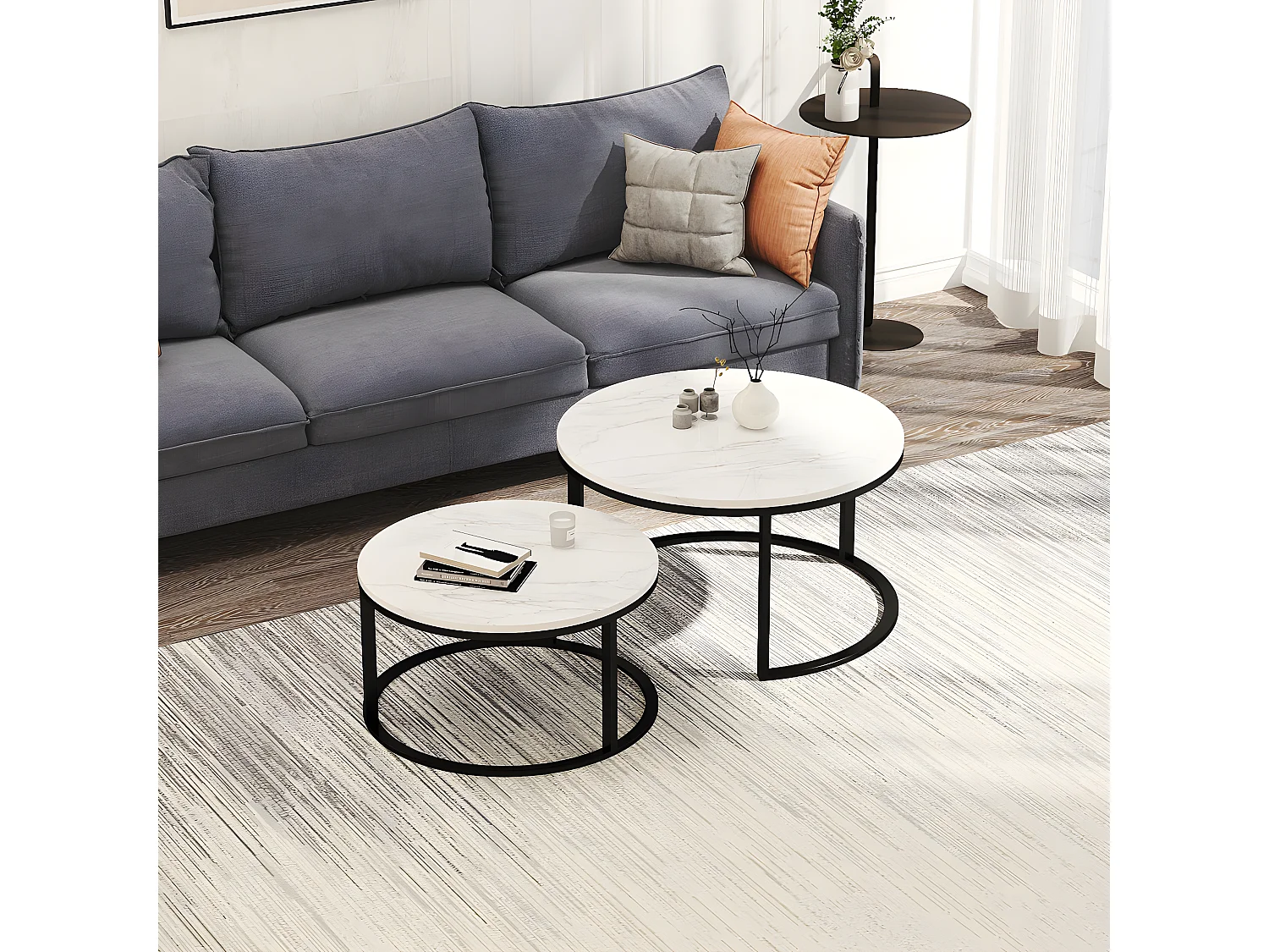 Sæt med 2 indskudsborde - Hvid marmor med sort metalramme - Rundt sidebord - Moderne stuebord, sofaborde til stue, soveværelse, balkon