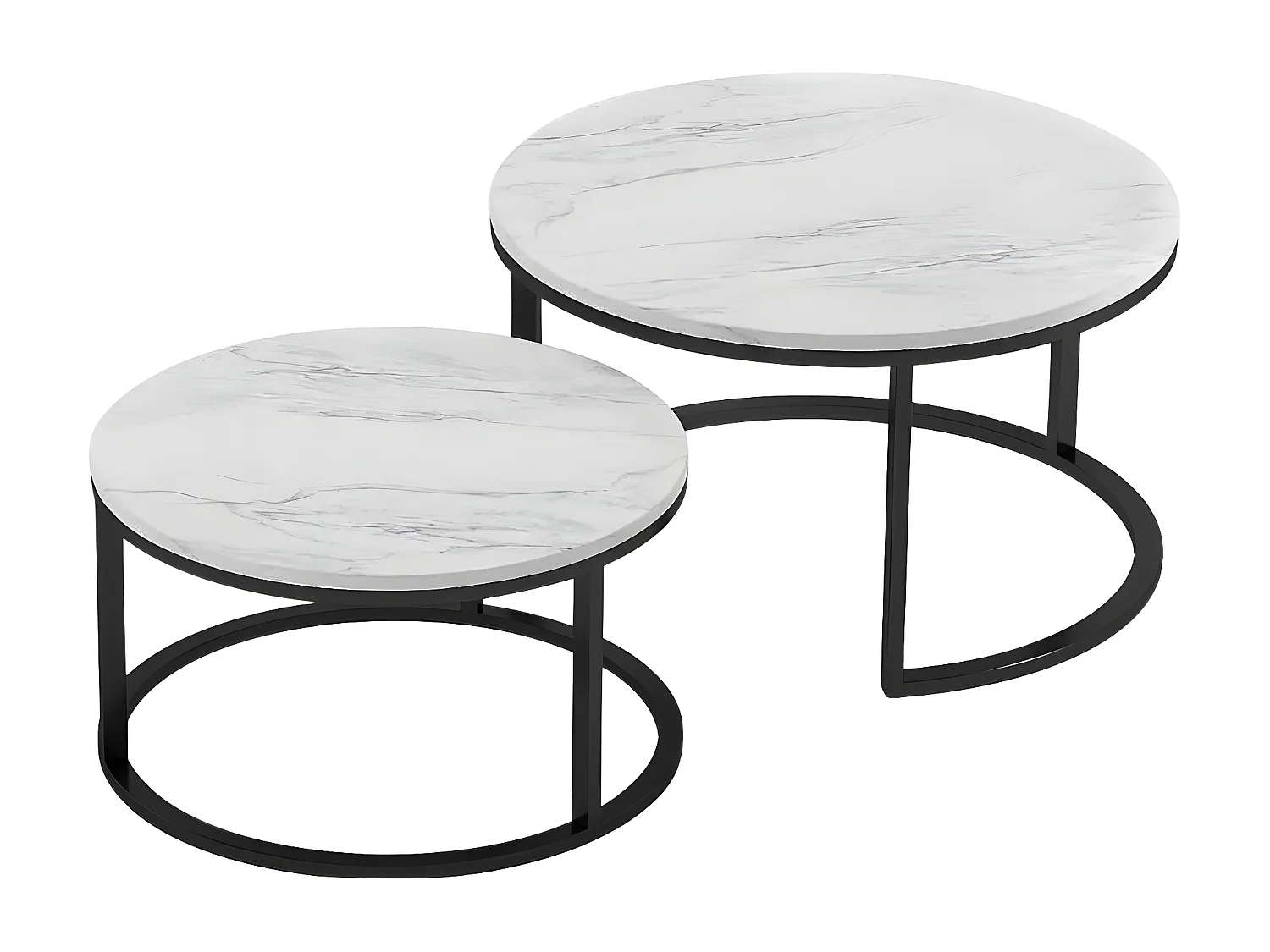 Sæt med 2 indskudsborde - Hvid marmor med sort metalramme - Rundt sidebord - Moderne stuebord, sofaborde til stue, soveværelse, balkon