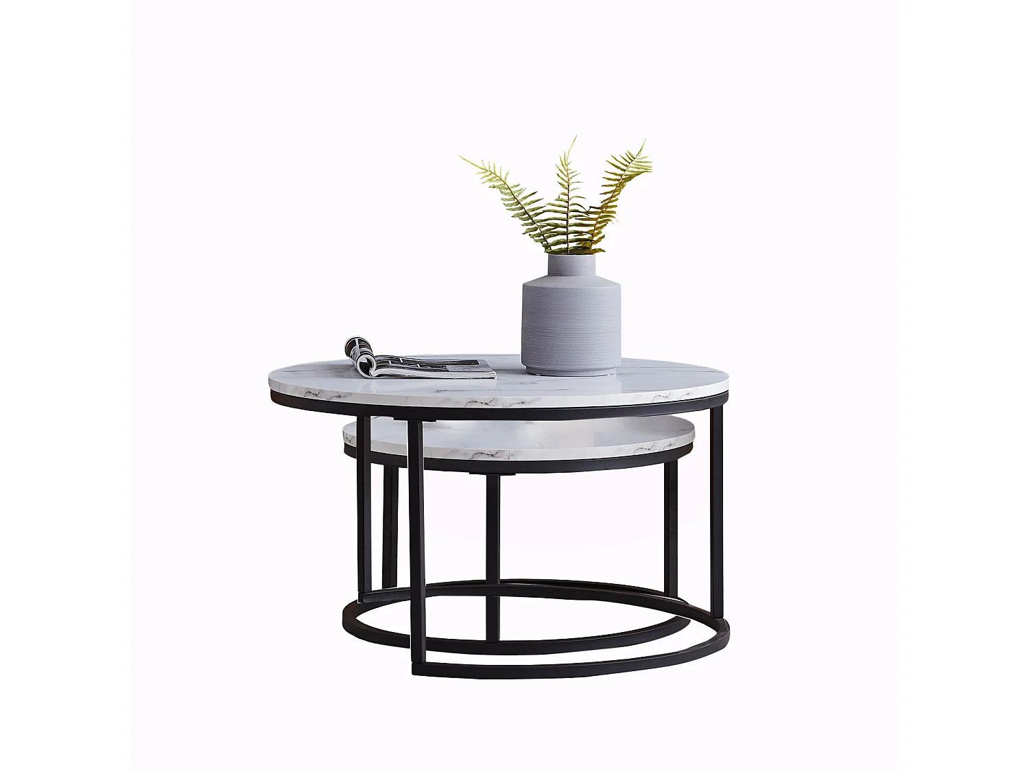 Sæt med 2 indskudsborde - Hvid marmor med sort metalramme - Rundt sidebord - Moderne stuebord, sofaborde til stue, soveværelse, balkon