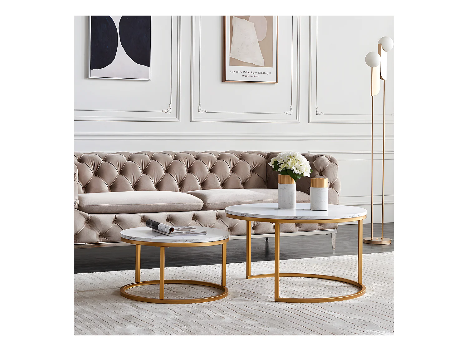 Lot de 2 Tables Basses gigognes - Marbre Blanc avec Structure en métal Dore - Table d'appoint Ronde - Table de salon Moderne, Tables de salon pour salon, Chambre à Coucher, Balcon