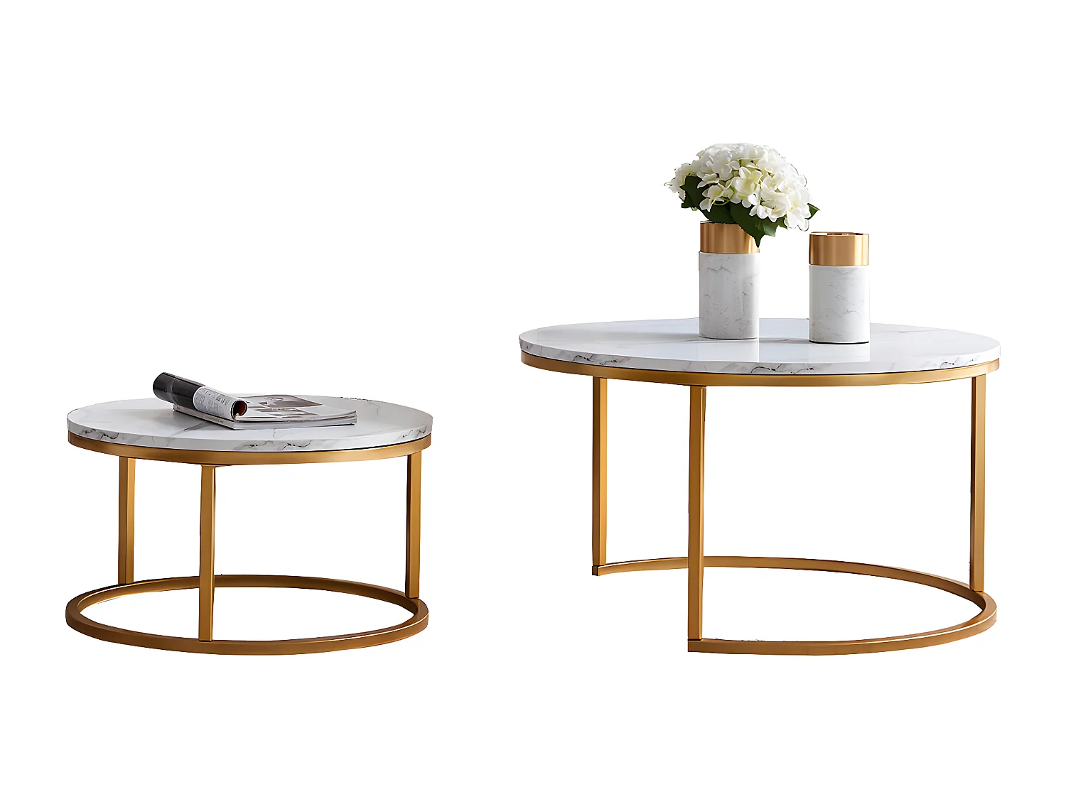 Sæt med 2 indskudsborde - Hvid marmor med guldmetalramme - Rundt sidebord - Moderne stuebord, sofaborde til stue, soveværelse, balkon