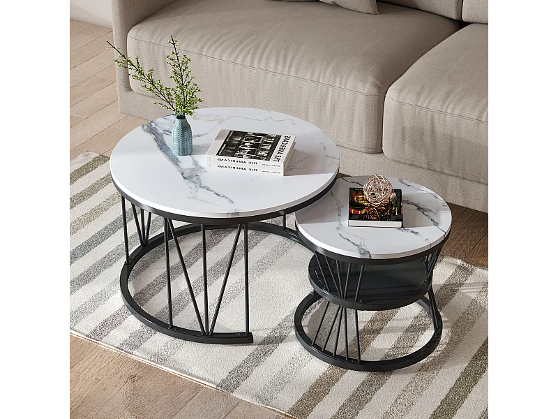 Set van 2 ronde marmeren salontafels - moderne fineer bijzettafel - salontafel voor woonkamer, ontvangstruimte, balkon en kantoor - zwart