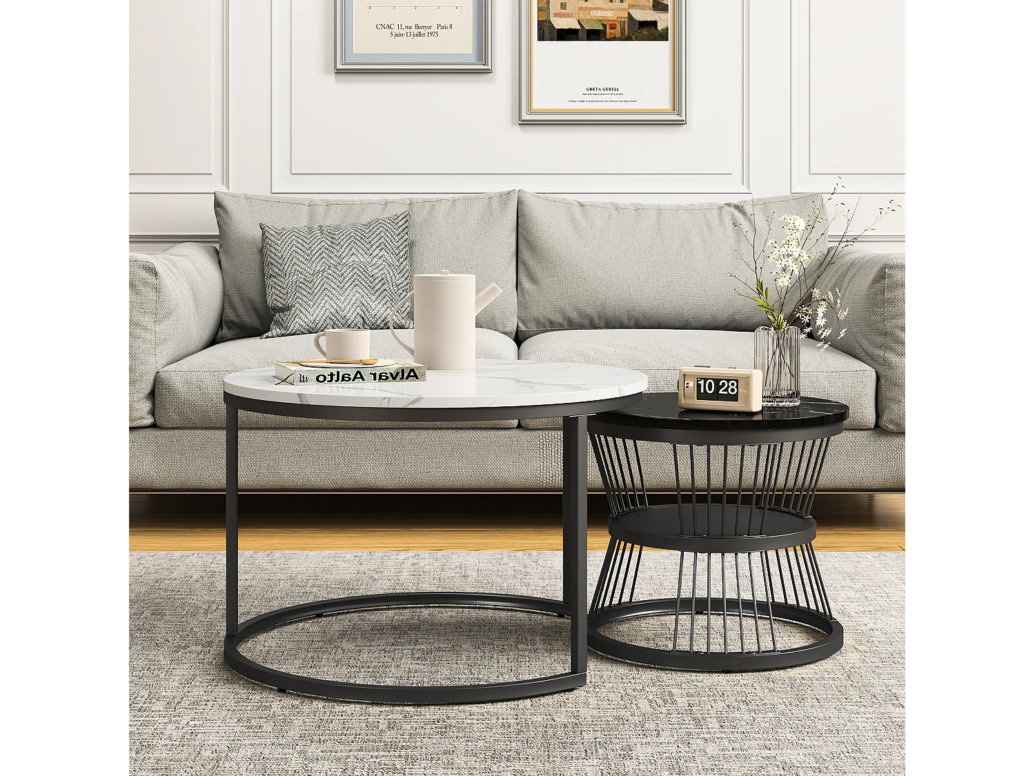 Set van 2 moderne ronde salontafels - salontafel - woonkamertafel - metalen frame - marmerfineer - bijzettafel - voor woonkamer, ontvangstruimte, balkon en kantoor