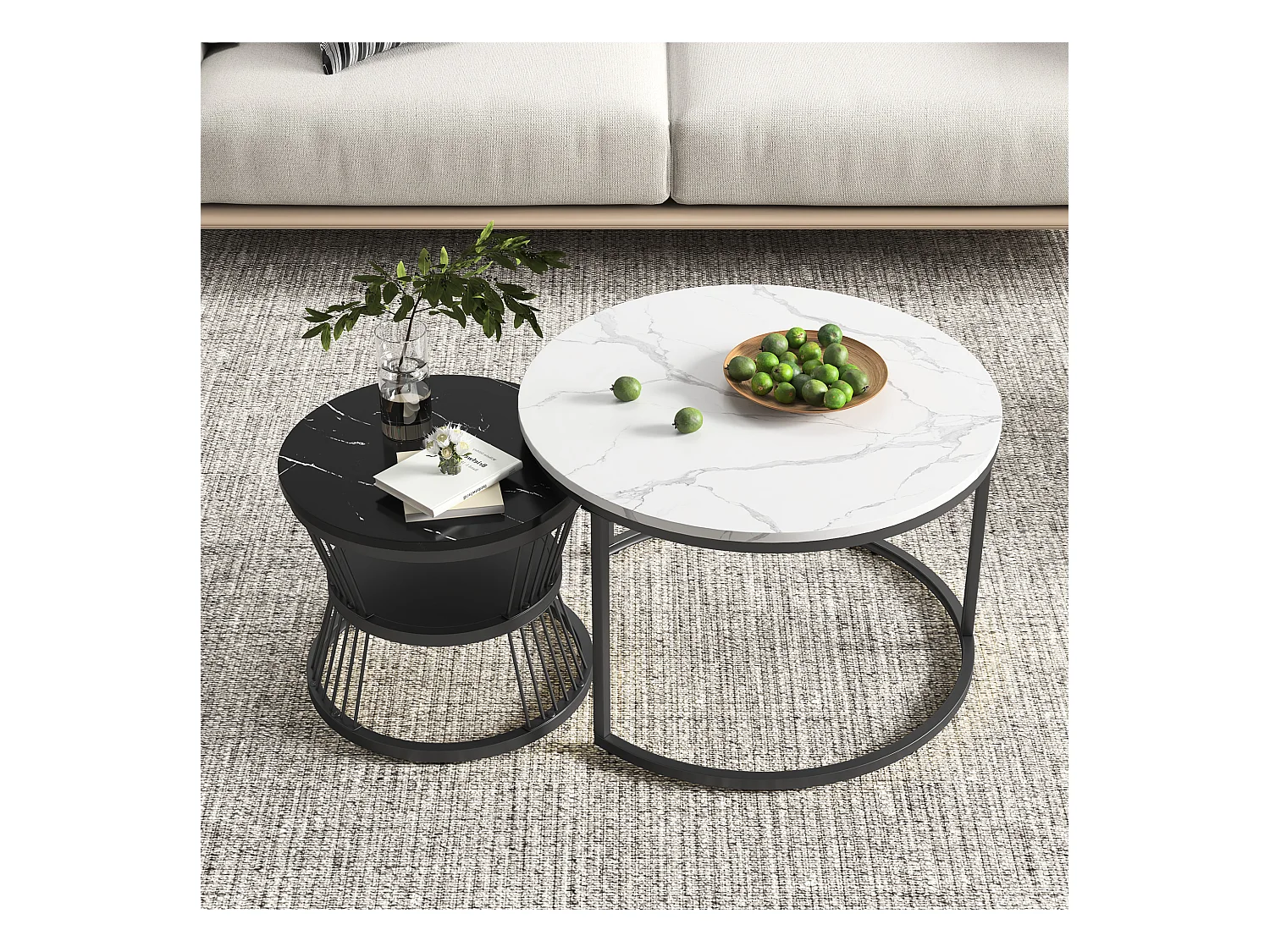 2er Set Moderne runde Couchtische - Kaffeetisch - Wohnzimmertisch - Metallgestell - Marmorfurnier - Beistelltisch - Für Wohnzimmer, Empfangsraum, Balkon und Büro