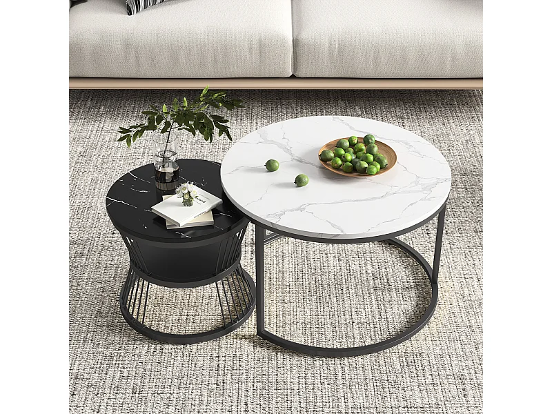 2er Set Moderne runde Couchtische - Kaffeetisch - Wohnzimmertisch - Metallgestell - Marmorfurnier - Beistelltisch - Für Wohnzimmer, Empfangsraum, Balkon und Büro