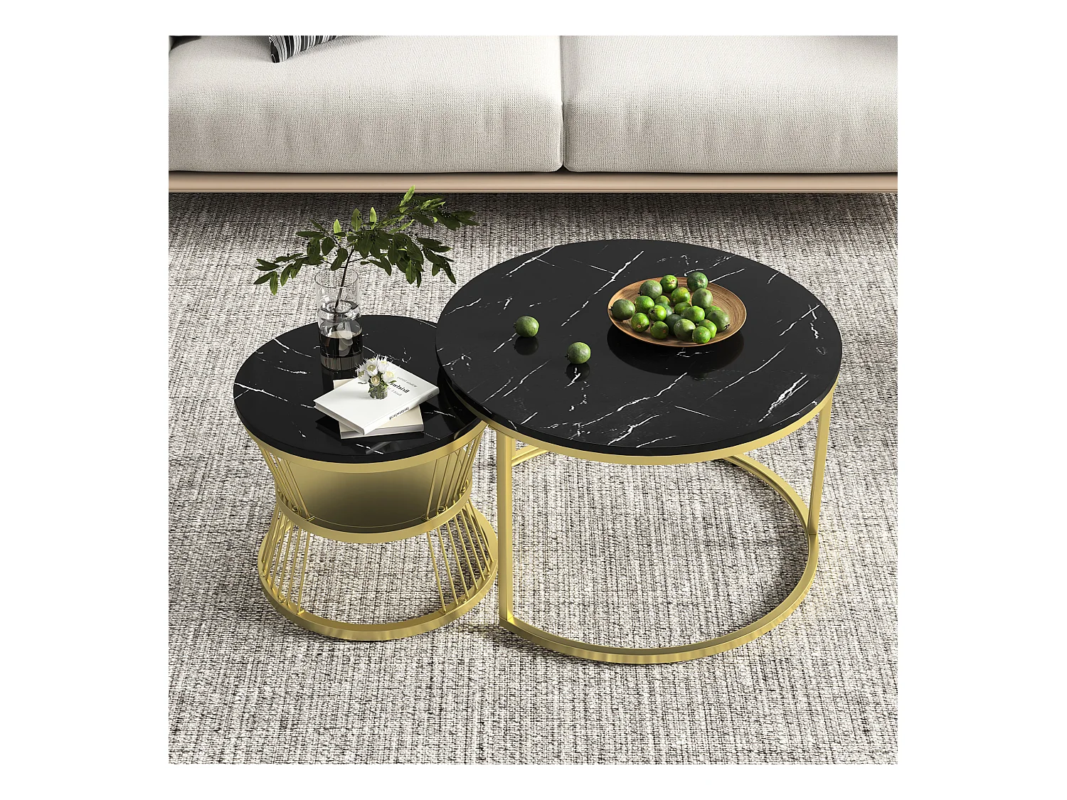 2er Set Moderne runde Couchtische - Kaffeetisch - Wohnzimmertisch - Metallgestell - Marmorfurnier - Beistelltisch - Für Wohnzimmer, Empfangsraum, Balkon und Büro