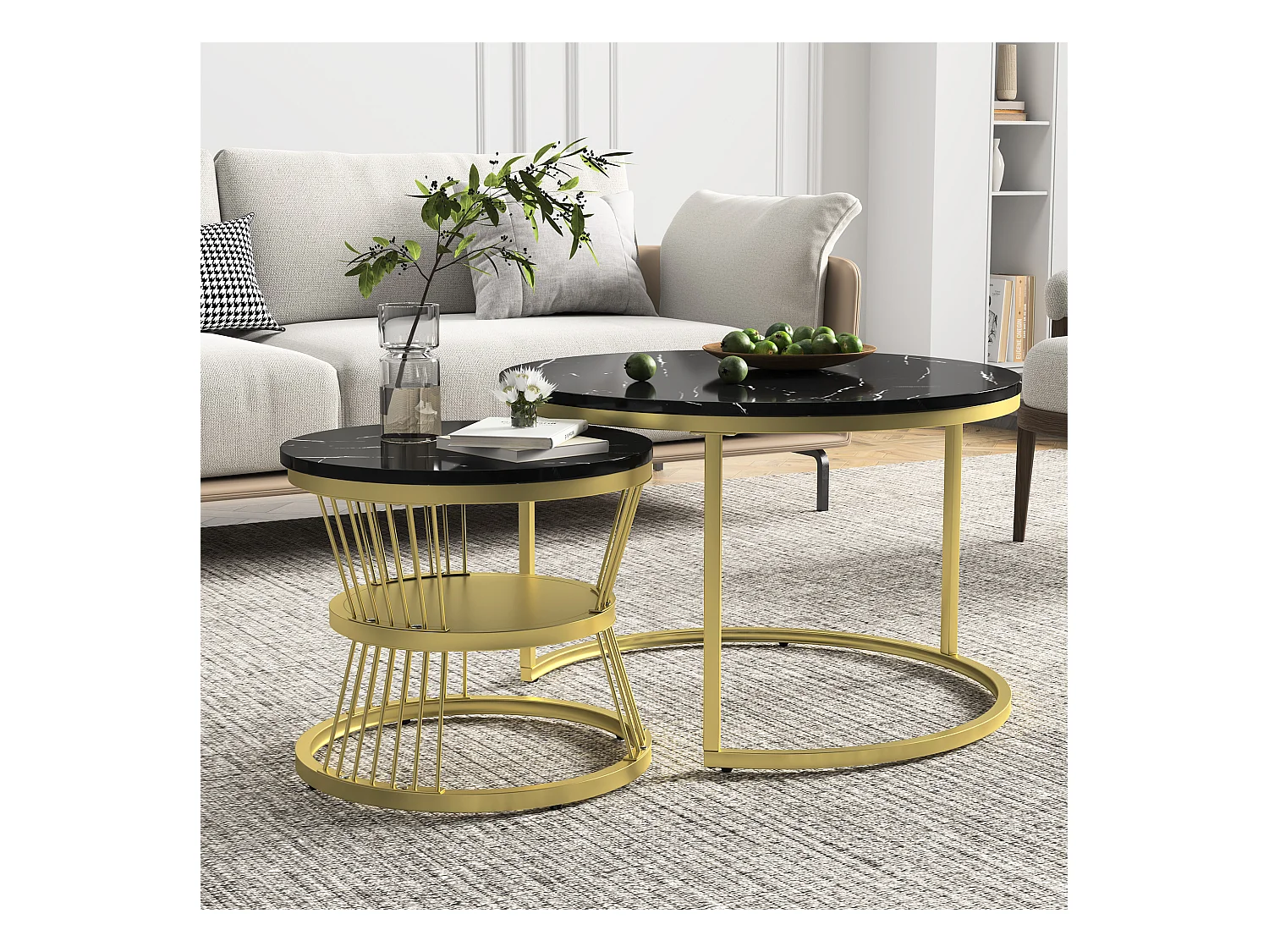 2er Set Moderne runde Couchtische - Kaffeetisch - Wohnzimmertisch - Metallgestell - Marmorfurnier - Beistelltisch - Für Wohnzimmer, Empfangsraum, Balkon und Büro