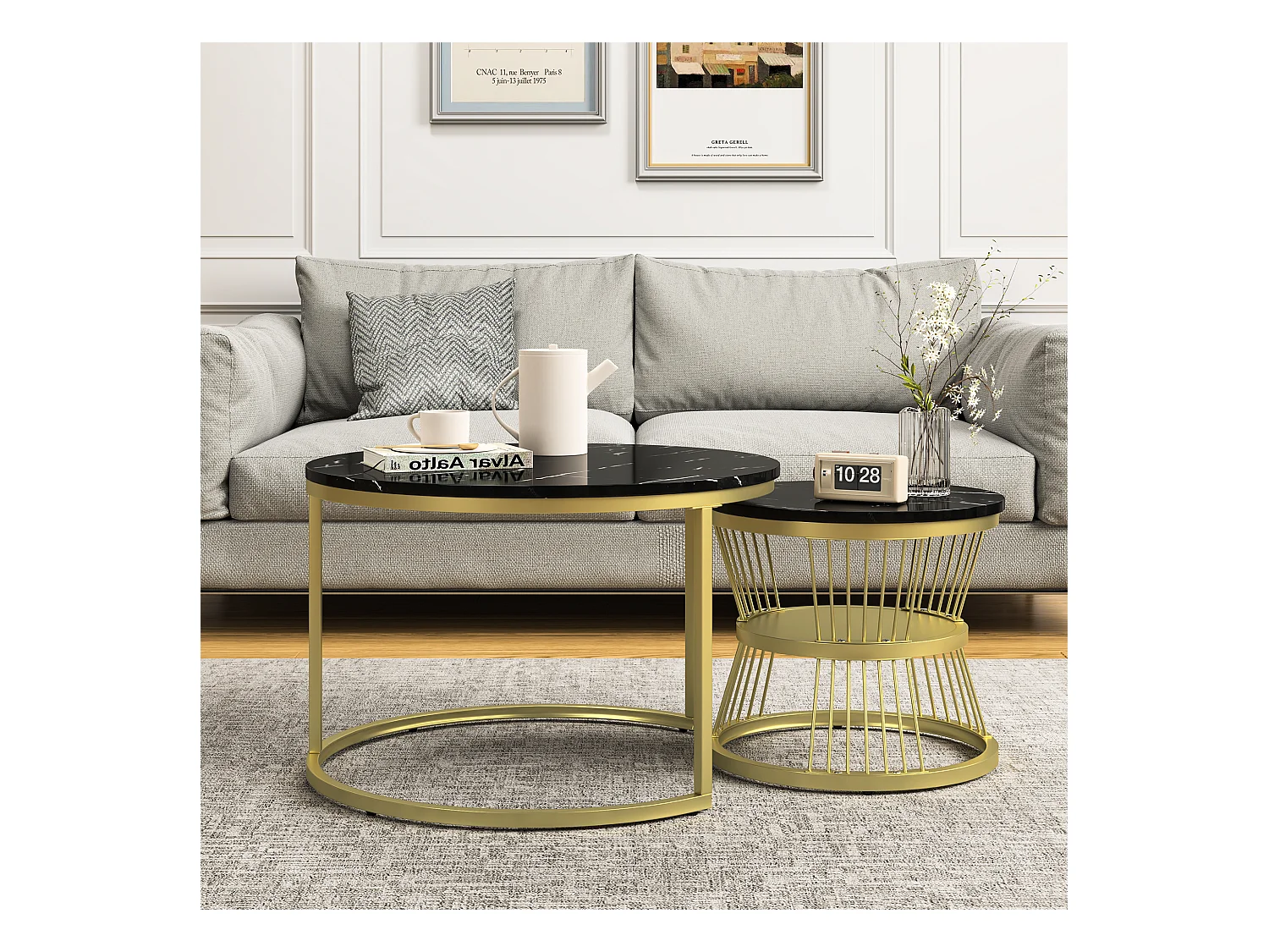 2er Set Moderne runde Couchtische - Kaffeetisch - Wohnzimmertisch - Metallgestell - Marmorfurnier - Beistelltisch - Für Wohnzimmer, Empfangsraum, Balkon und Büro