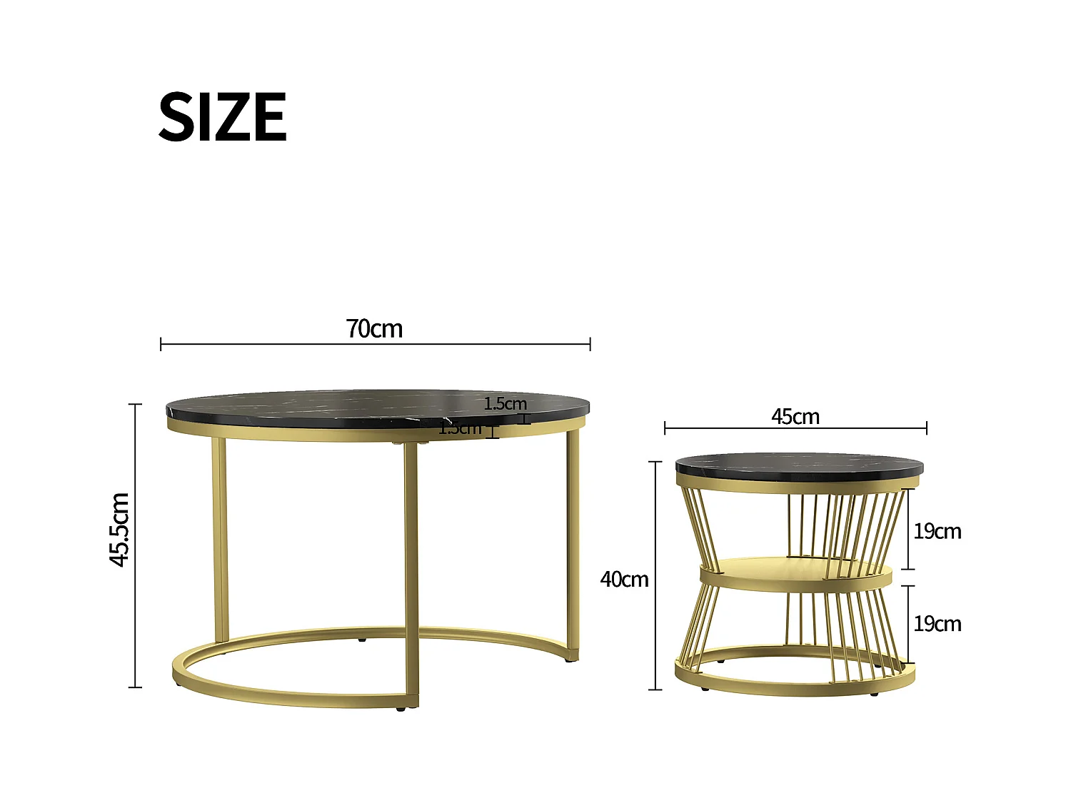 2er Set Moderne runde Couchtische - Kaffeetisch - Wohnzimmertisch - Metallgestell - Marmorfurnier - Beistelltisch - Für Wohnzimmer, Empfangsraum, Balkon und Büro