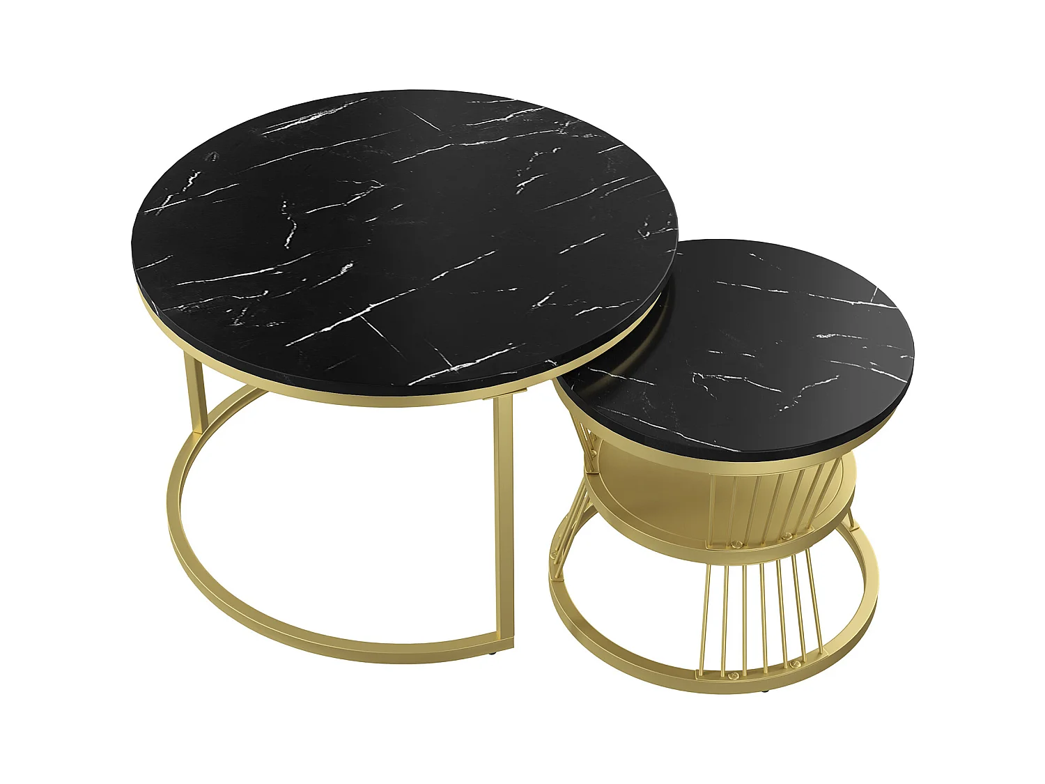 2er Set Moderne runde Couchtische - Kaffeetisch - Wohnzimmertisch - Metallgestell - Marmorfurnier - Beistelltisch - Für Wohnzimmer, Empfangsraum, Balkon und Büro