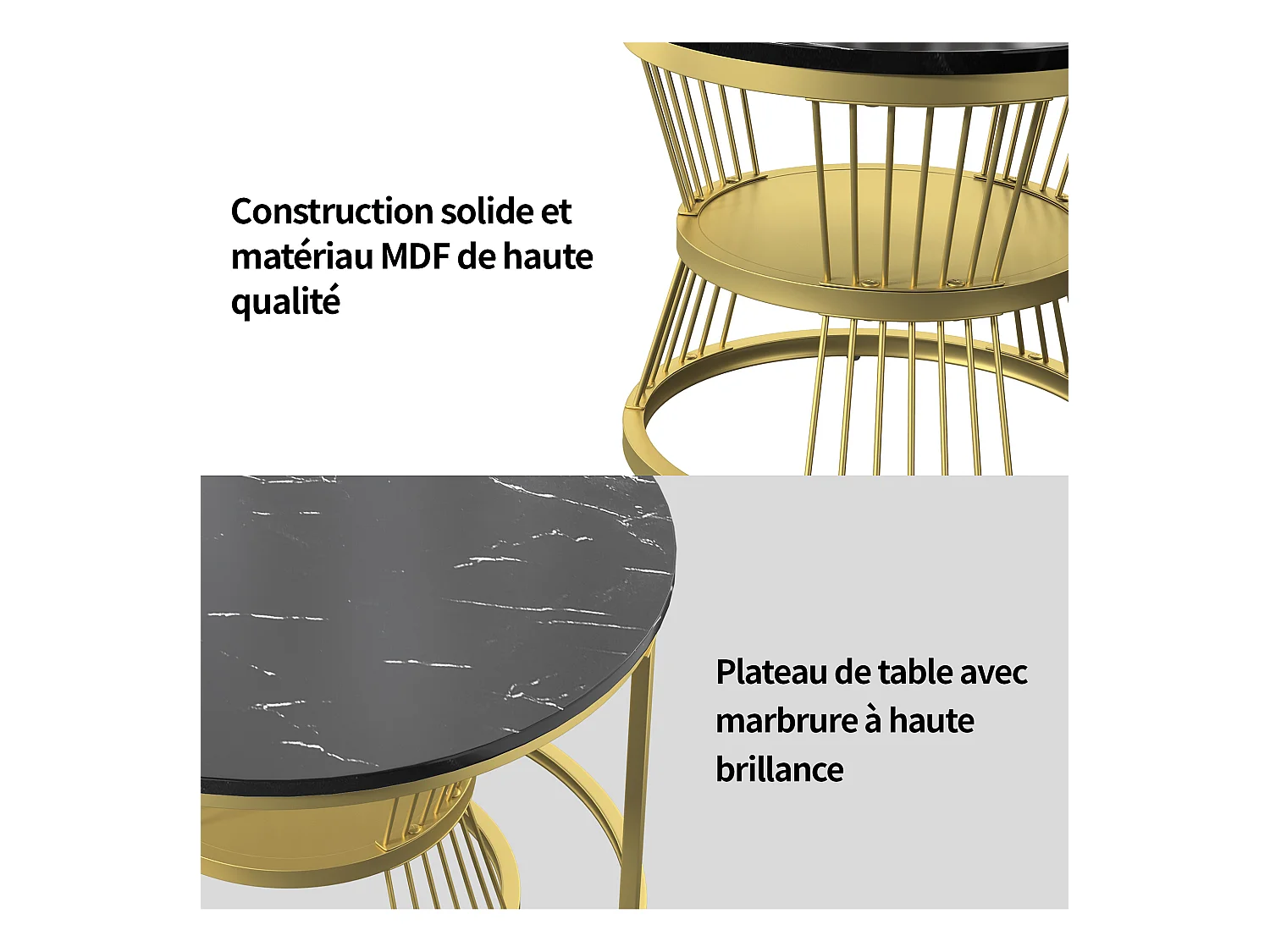 2er Set Moderne runde Couchtische - Kaffeetisch - Wohnzimmertisch - Metallgestell - Marmorfurnier - Beistelltisch - Für Wohnzimmer, Empfangsraum, Balkon und Büro
