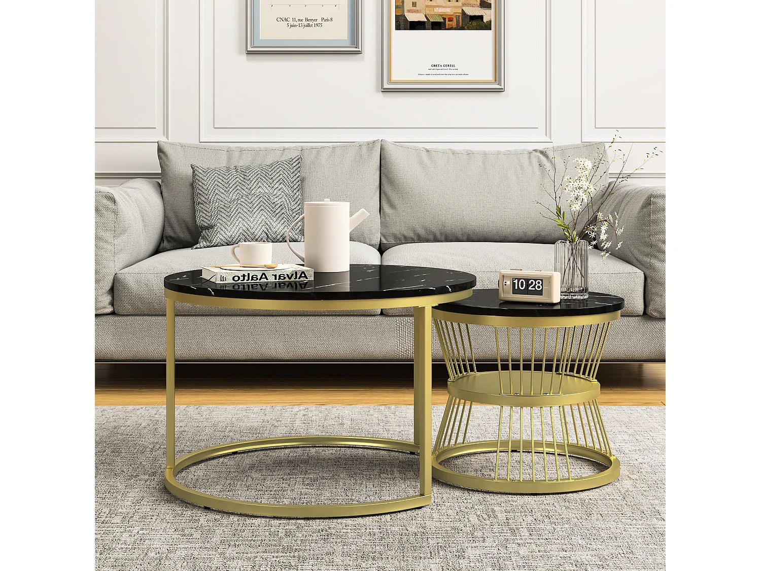 Set van 2 moderne ronde salontafels - salontafel - woonkamertafel - metalen frame - marmerfineer - bijzettafel - voor woonkamer, ontvangstruimte, balkon en kantoor