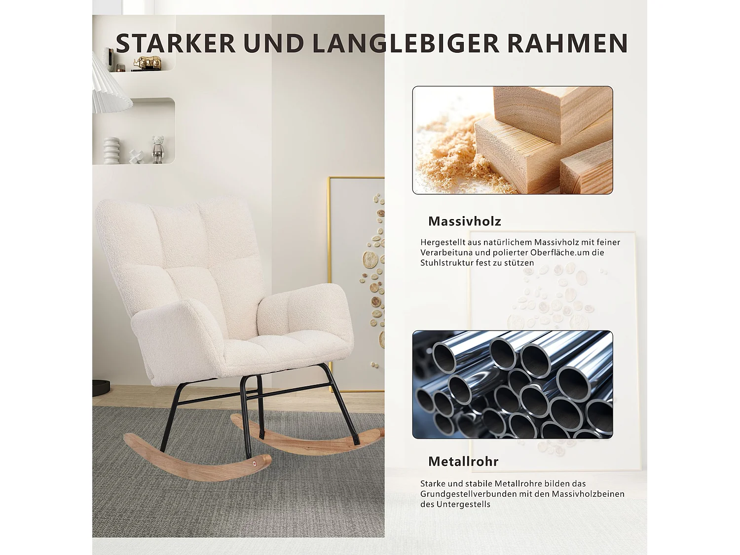 Moderne fluwelen teddy schommelstoel schommelstoel met armleuningen voor woonkamer slaapkamer balkon max. belasting 113 kg wit