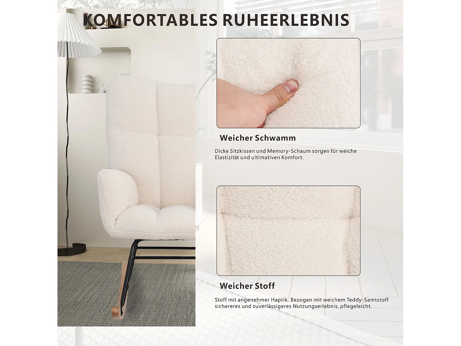 Fauteuil à bascule moderne en velours Teddy - Fauteuil à bascule avec accoudoirs - Pour salon, chambre à coucher, balcon - Charge maximale : 113 kg - Blanc