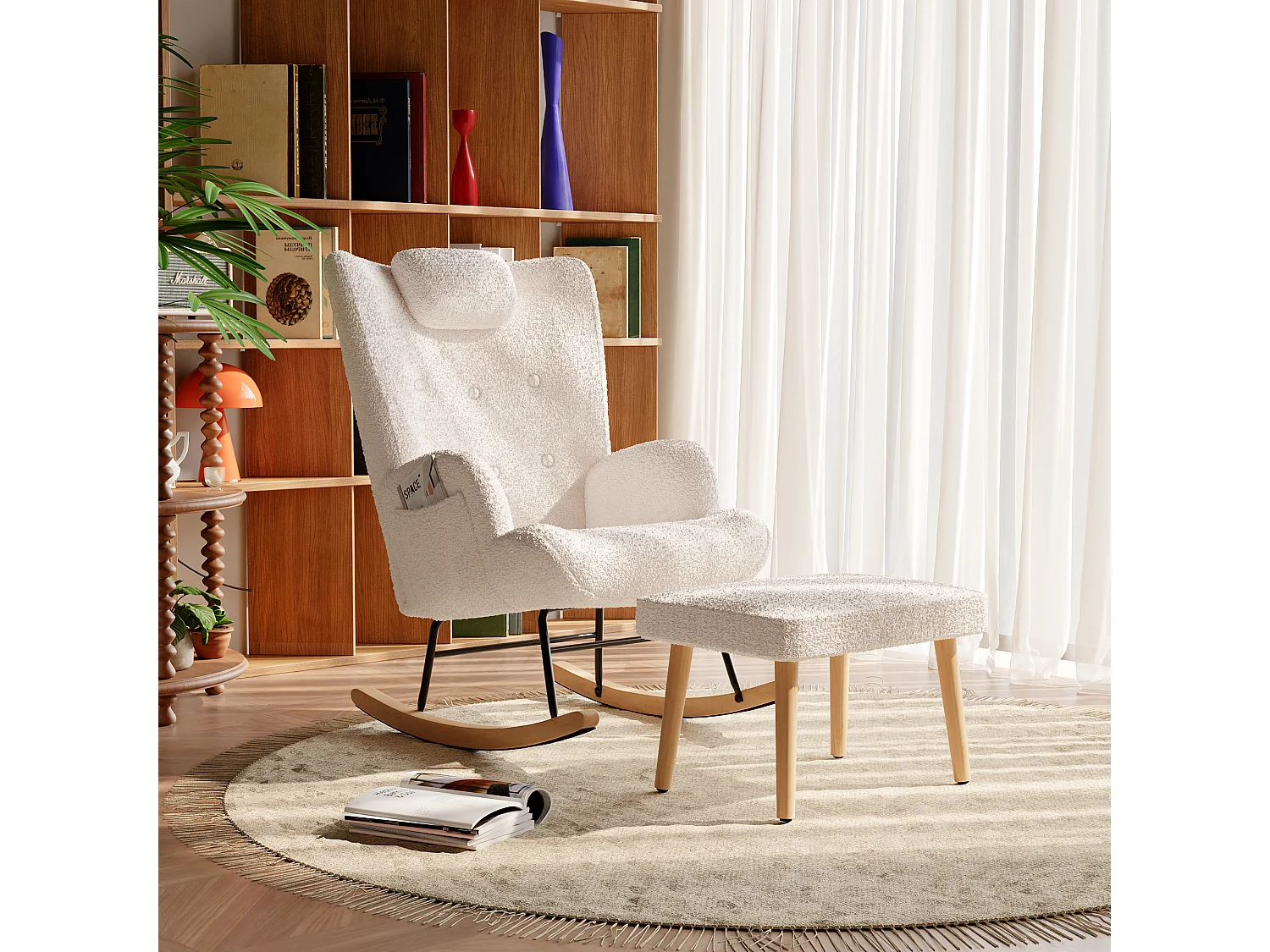 Fauteuil à bascule, fauteuil à bascule en peluche douce Teddy, chaise longue de salon avec appuie-tête et repose-pieds - supporte jusqu'à 150 kg