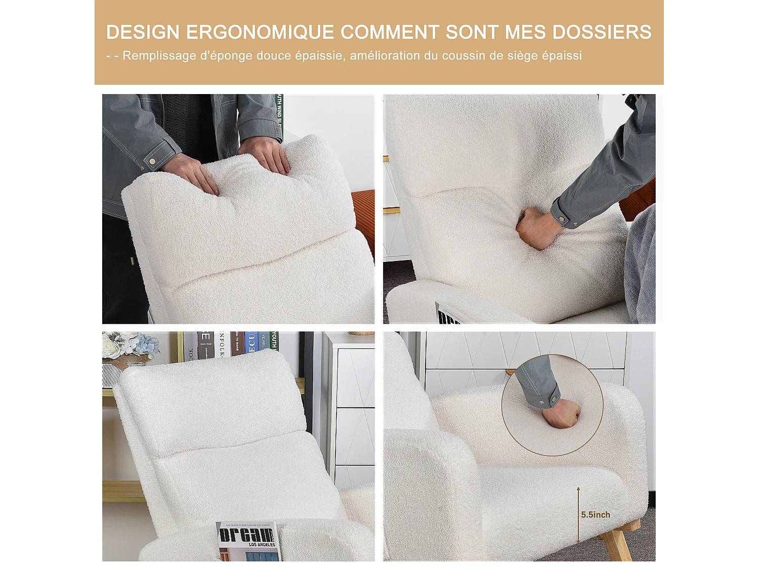 Fauteuil à bascule, fauteuil de relaxation, fauteuil de salon, d'accoudoirs, avec poches et pieds en bois, velours Teddy beige, charge maximale : 150 kg