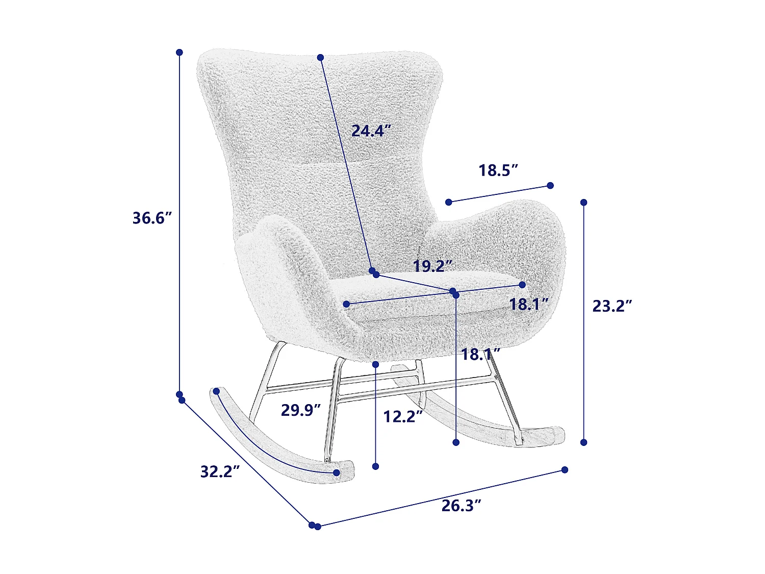 Sillón mecedora, sillón relax, sillón lounge, reposabrazos, con patas de madera, tejido peluche Teddy beige, carga máxima: 150 kg