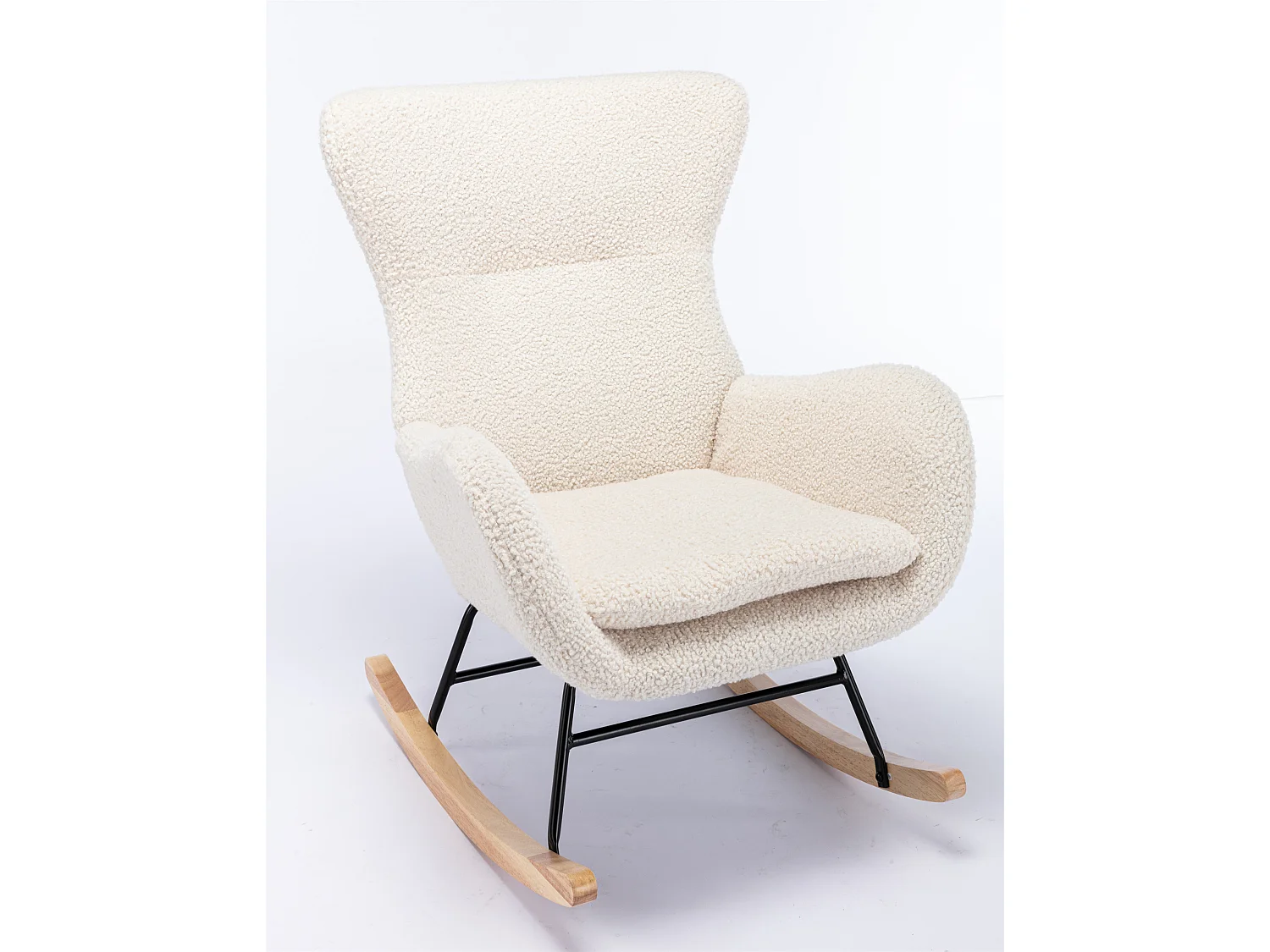 Sillón mecedora, sillón relax, sillón lounge, reposabrazos, con patas de madera, tejido peluche Teddy beige, carga máxima: 150 kg