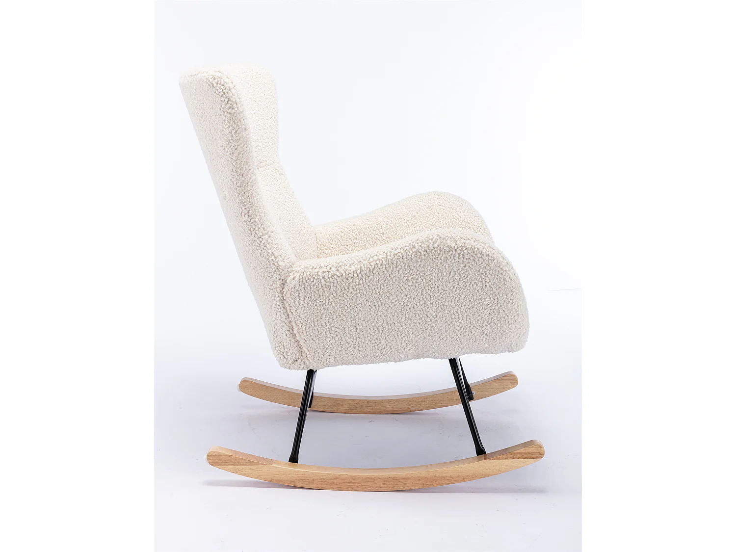 Sillón mecedora, sillón relax, sillón lounge, reposabrazos, con patas de madera, tejido peluche Teddy beige, carga máxima: 150 kg