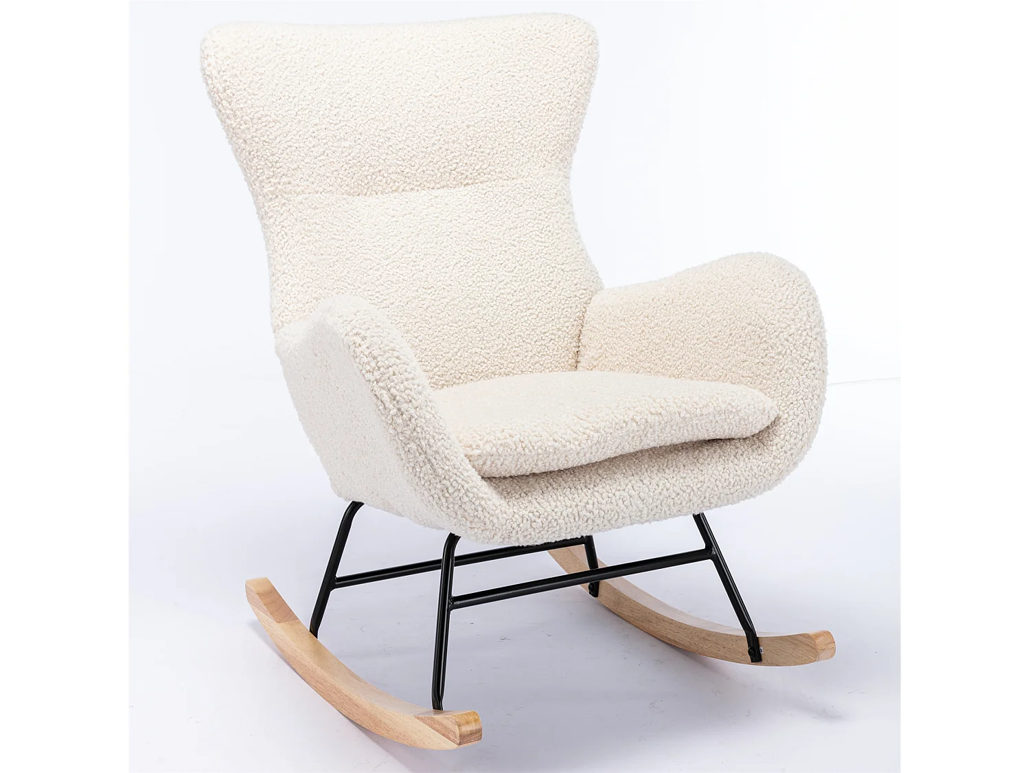 Sillón mecedora, sillón relax, sillón lounge, reposabrazos, con patas de madera, tejido peluche Teddy beige, carga máxima: 150 kg