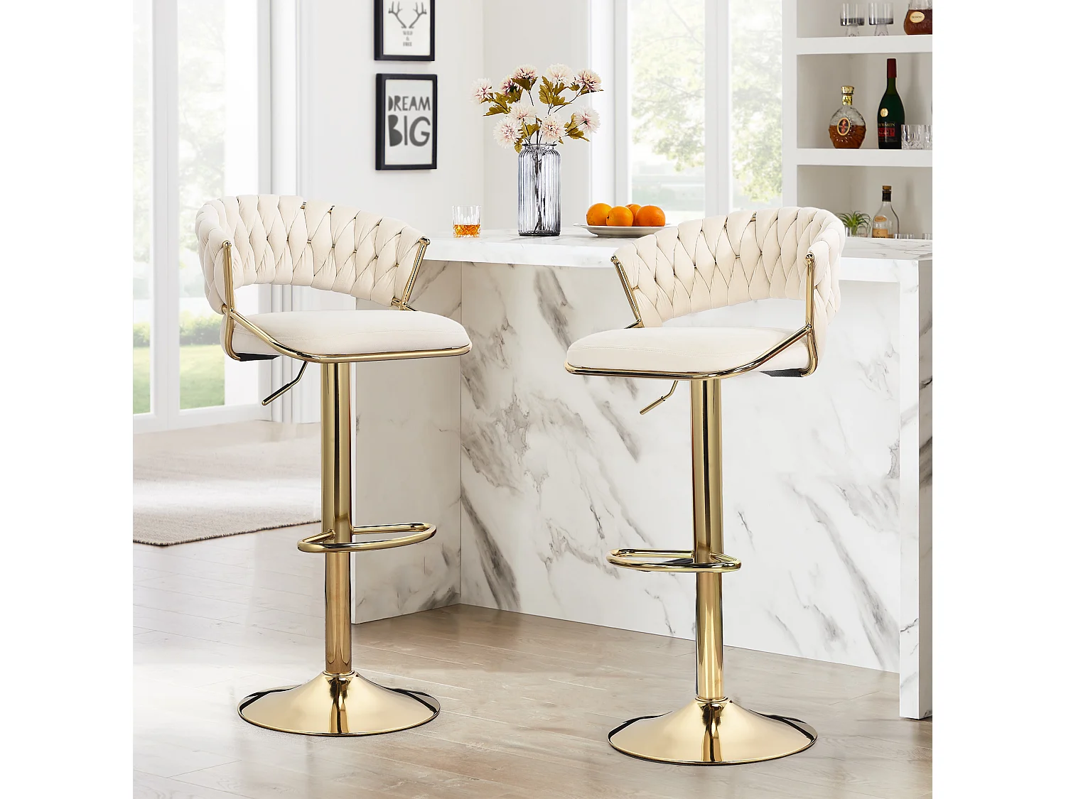 Lot de 2 tabourets de bar en velours chaise bar avec pieds dorés, design ergonomique, pour restaurants, cafés, Bar, beige