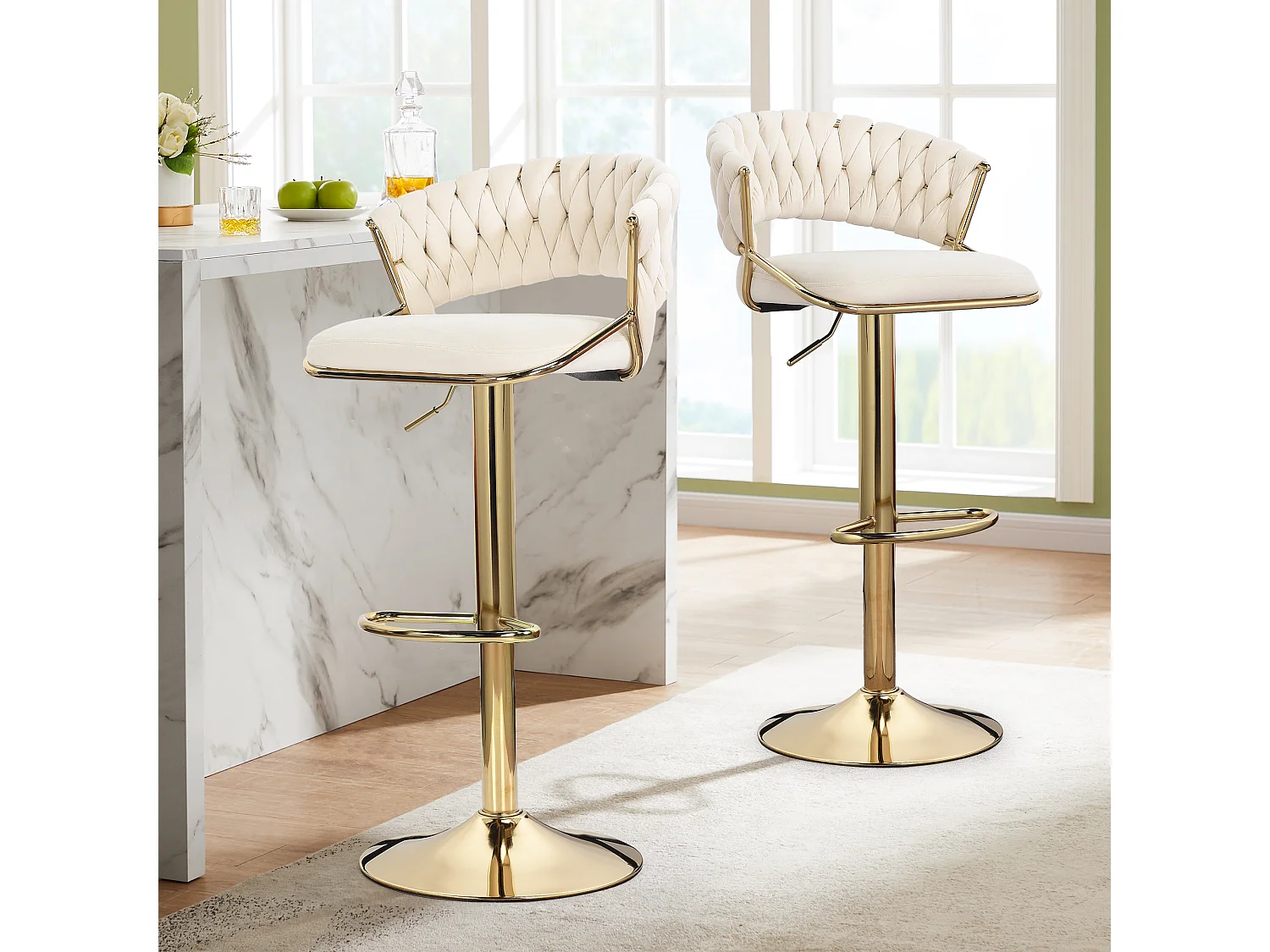 Lot de 2 tabourets de bar en velours chaise bar avec pieds dorés, design ergonomique, pour restaurants, cafés, Bar, beige