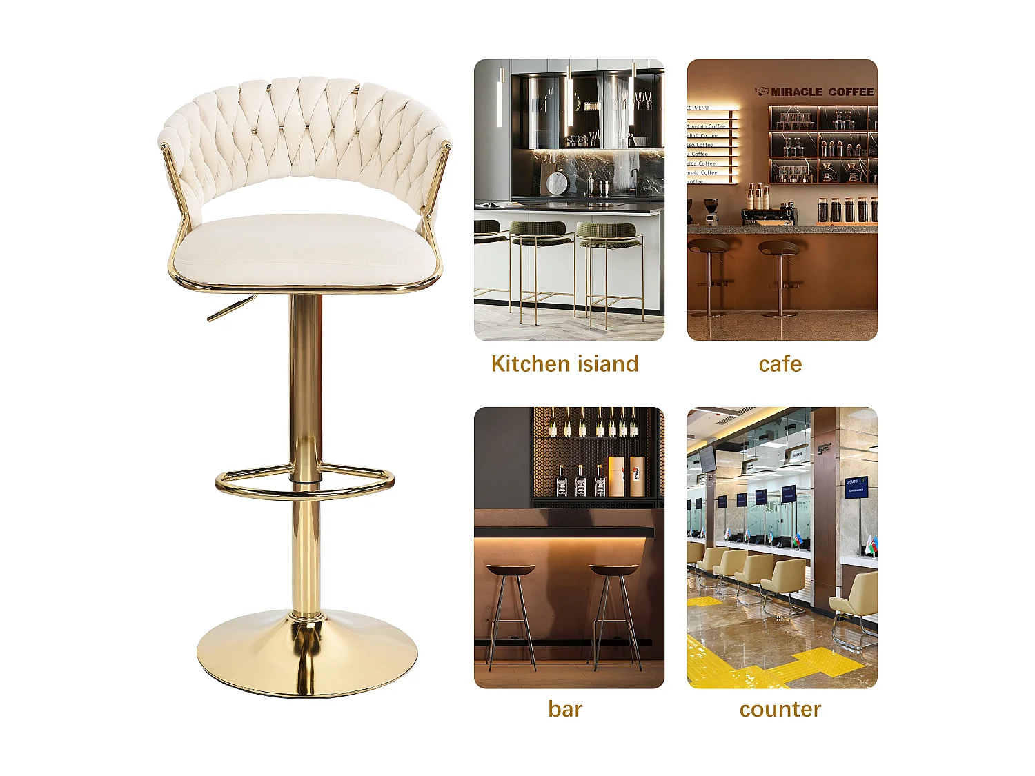 Lot de 2 tabourets de bar en velours chaise bar avec pieds dorés, design ergonomique, pour restaurants, cafés, Bar, beige