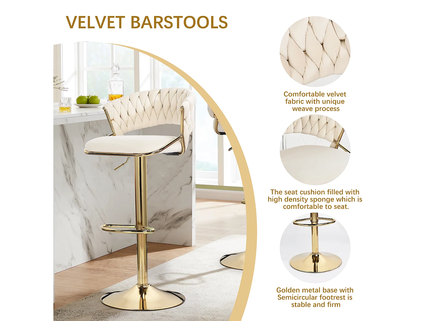 Lot de 2 tabourets de bar en velours chaise bar avec pieds dorés, design ergonomique, pour restaurants, cafés, Bar, beige
