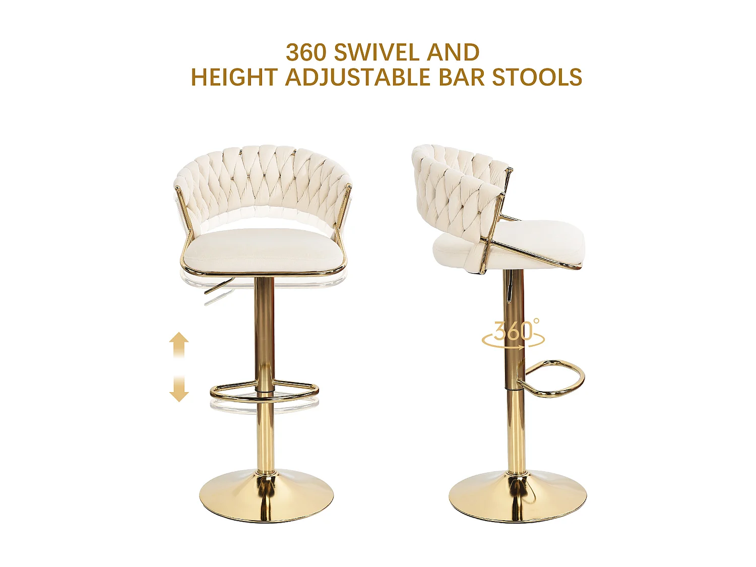 Lot de 2 tabourets de bar en velours chaise bar avec pieds dorés, design ergonomique, pour restaurants, cafés, Bar, beige