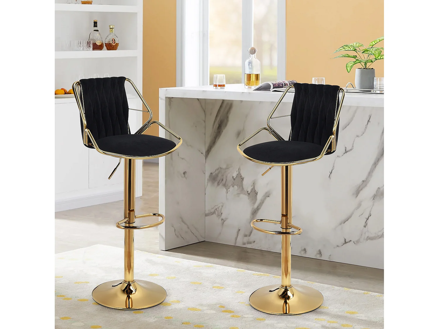 Lot de 2 tabourets de bar pivotants réglables avec repose-pieds pour cuisine, salle à manger - Noir