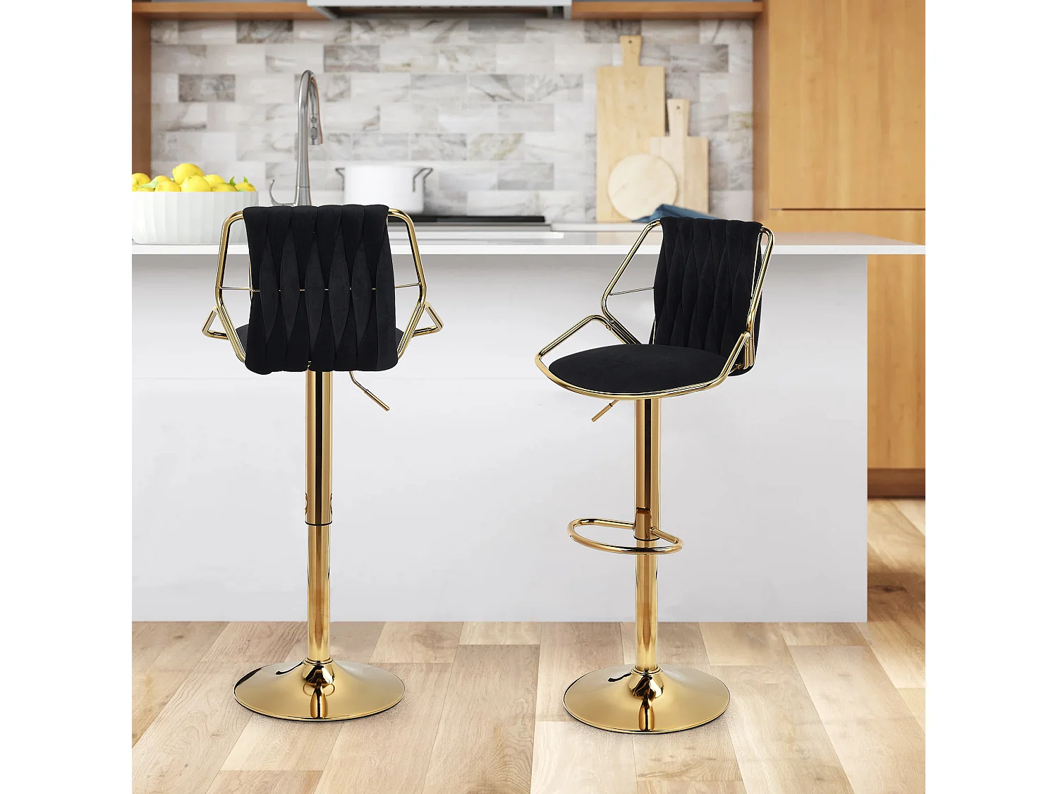 Lot de 2 tabourets de bar pivotants réglables avec repose-pieds pour cuisine, salle à manger - Noir