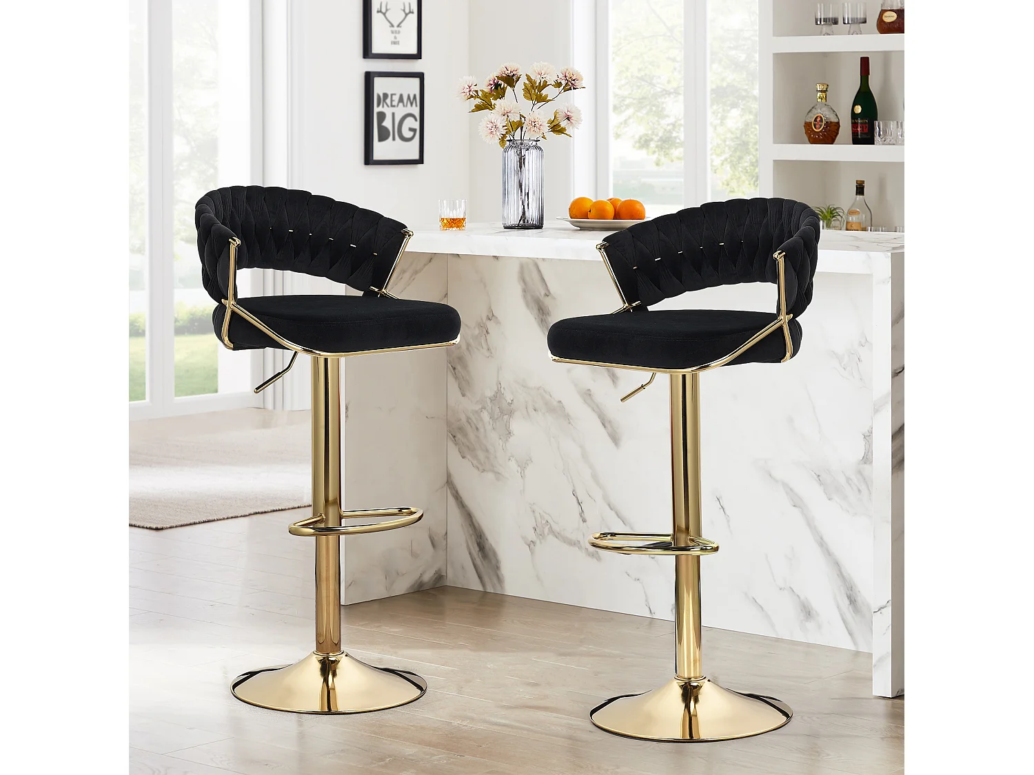Lot de 2 tabourets de bar en velours chaise bar avec pieds dorés, design ergonomique, pour restaurants, cafés, Bar, noir