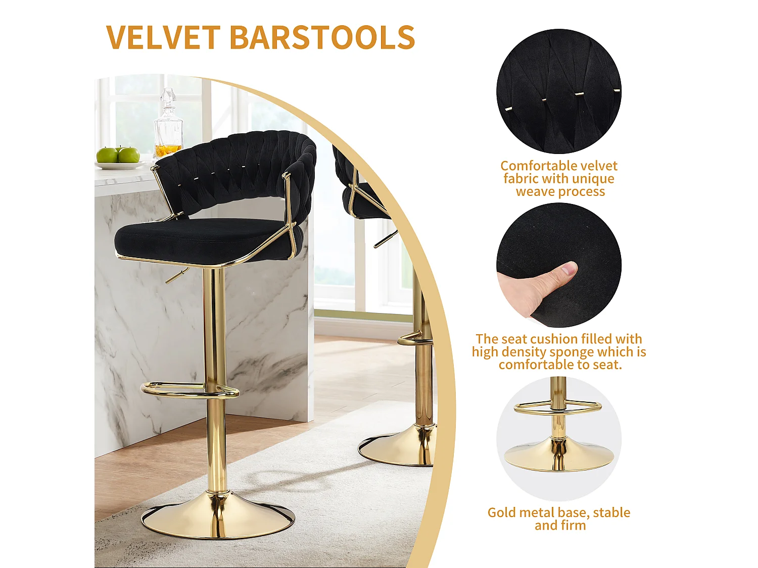 Lot de 2 tabourets de bar en velours chaise bar avec pieds dorés, design ergonomique, pour restaurants, cafés, Bar, noir