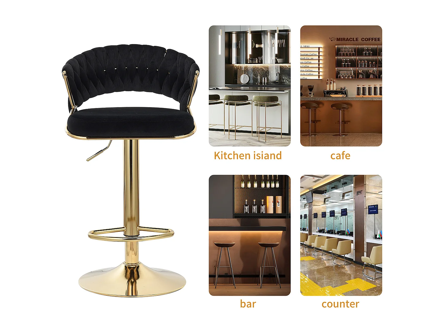 Lot de 2 tabourets de bar en velours chaise bar avec pieds dorés, design ergonomique, pour restaurants, cafés, Bar, noir