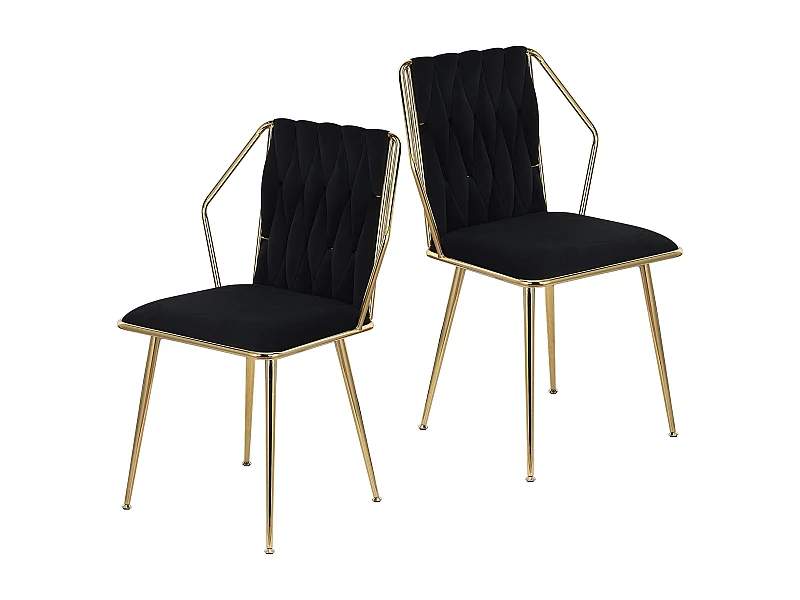 Lot de 2 chaises de salle à manger en velours - avec coussins confortables avec dossier tissé à la main - pieds robustes en métal doré - Noir