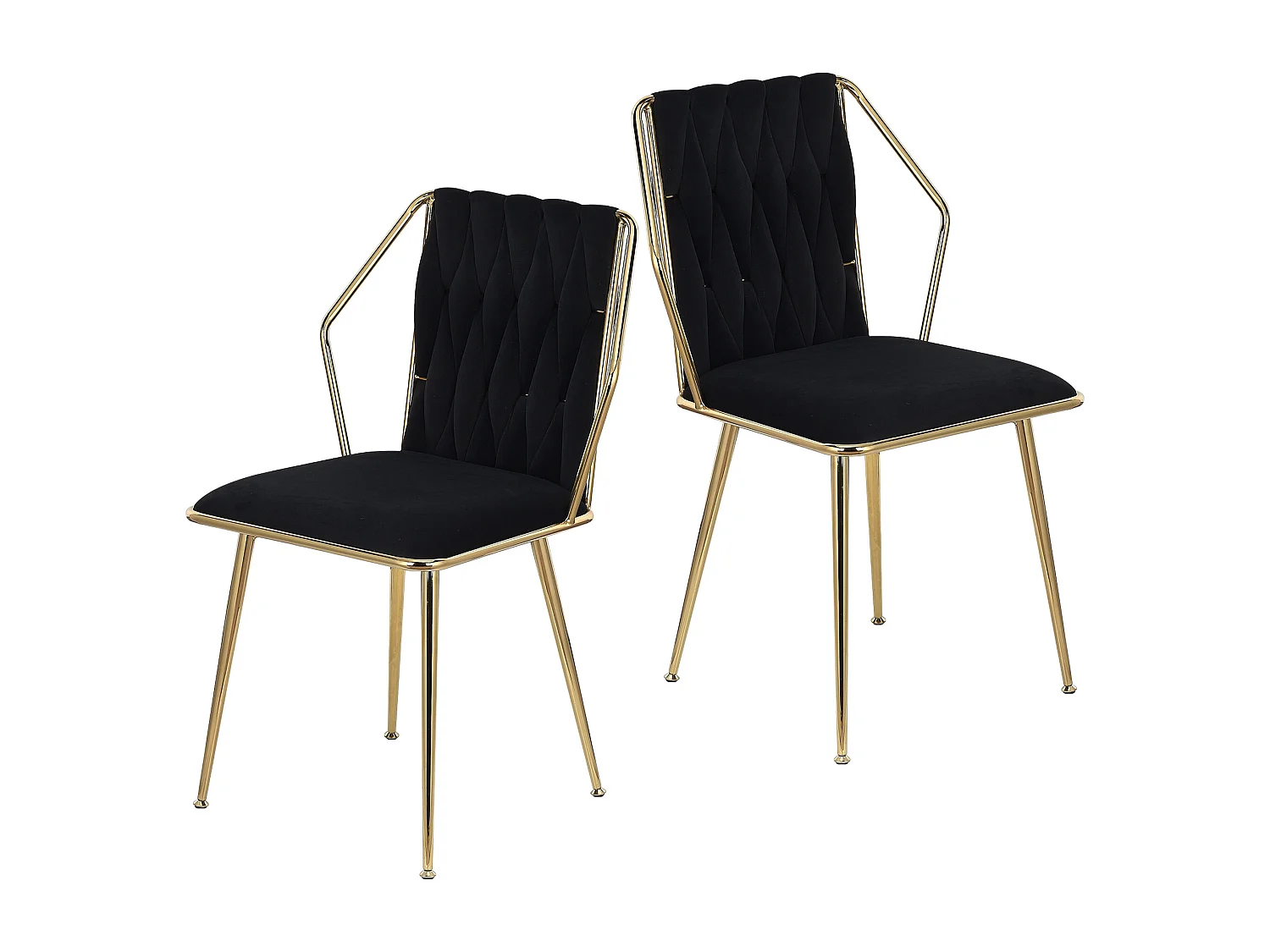 Lot de 2 chaises de salle à manger en velours - avec coussins confortables avec dossier tissé à la main - pieds robustes en métal doré - Noir