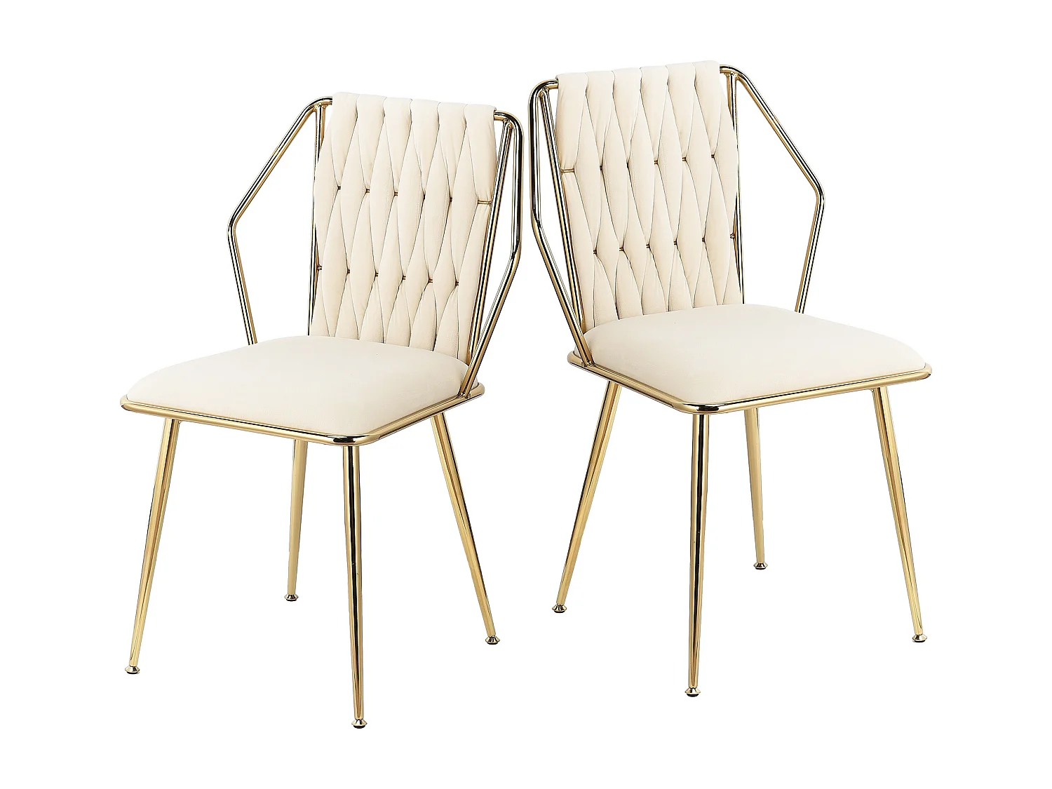 Lot de 2 chaises de salle à manger en velours - avec coussins confortables avec dossier tissé à la main - pieds robustes en métal doré - Beige