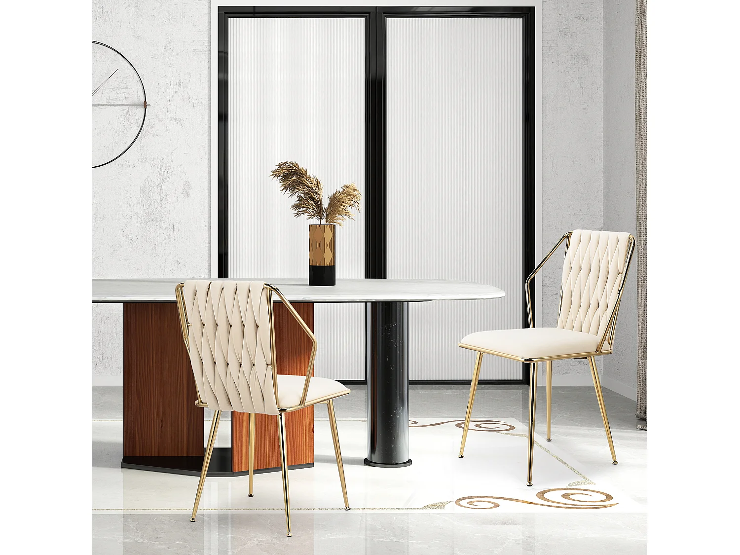 Lot de 2 chaises de salle à manger en velours - avec coussins confortables avec dossier tissé à la main - pieds robustes en métal doré - Beige