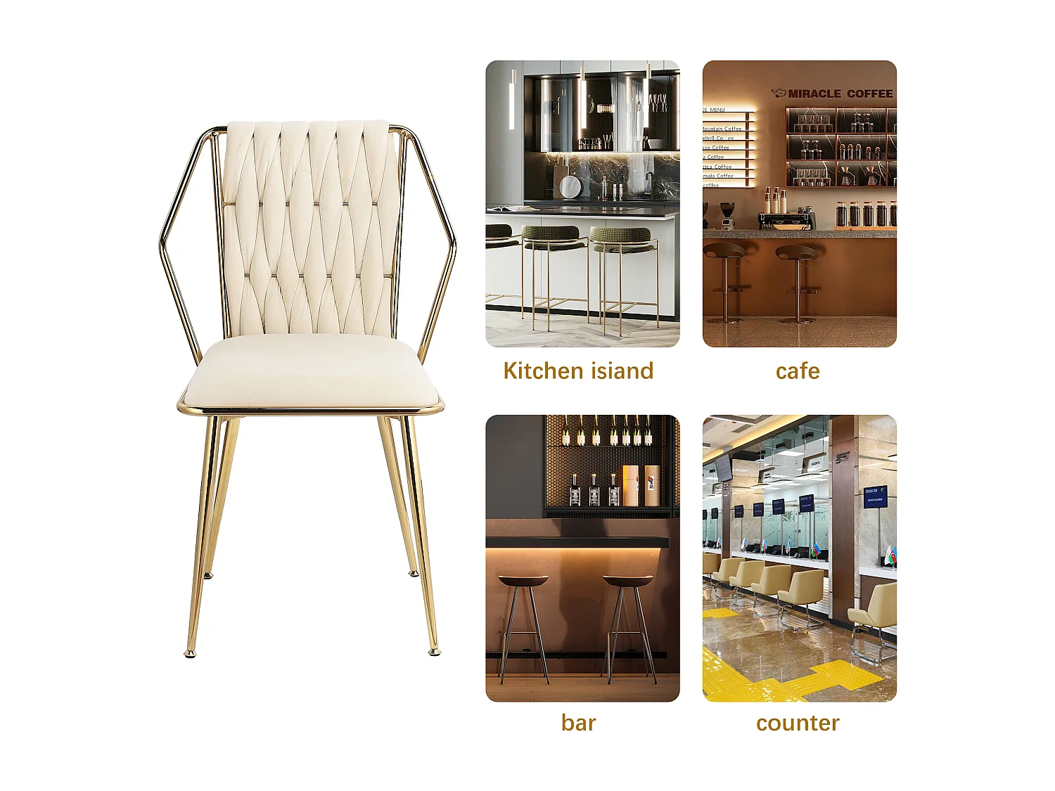 Lot de 2 chaises de salle à manger en velours - avec coussins confortables avec dossier tissé à la main - pieds robustes en métal doré - Beige