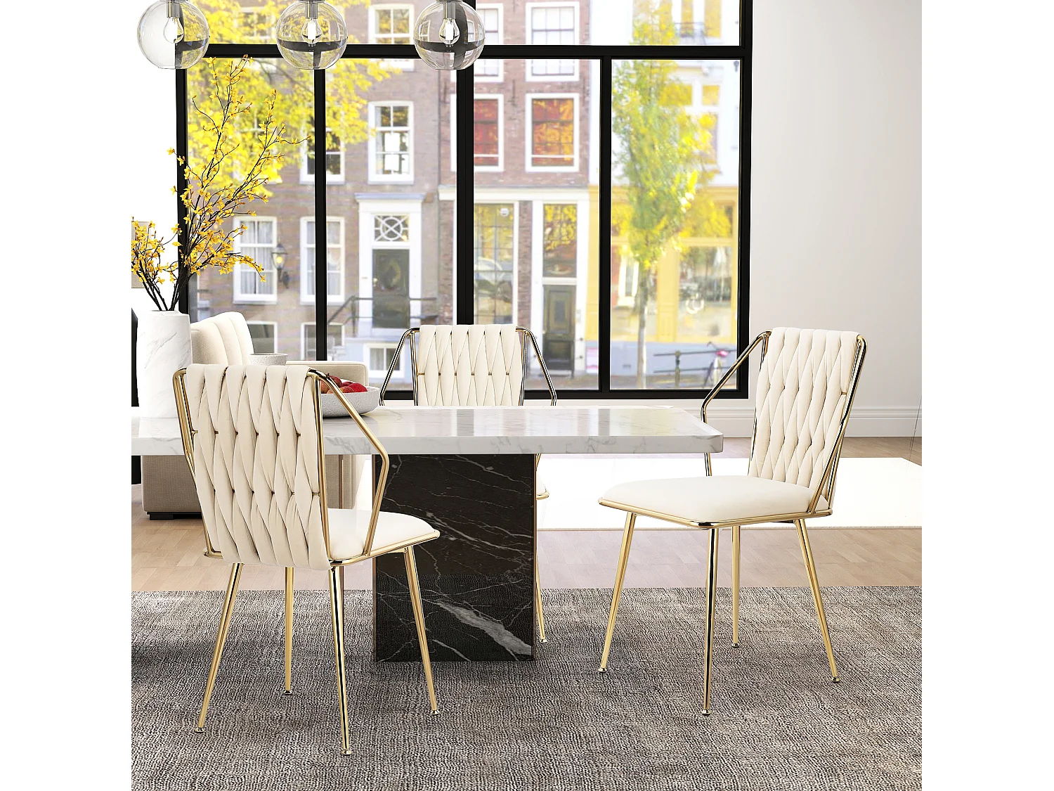 Lot de 2 chaises de salle à manger en velours - avec coussins confortables avec dossier tissé à la main - pieds robustes en métal doré - Beige