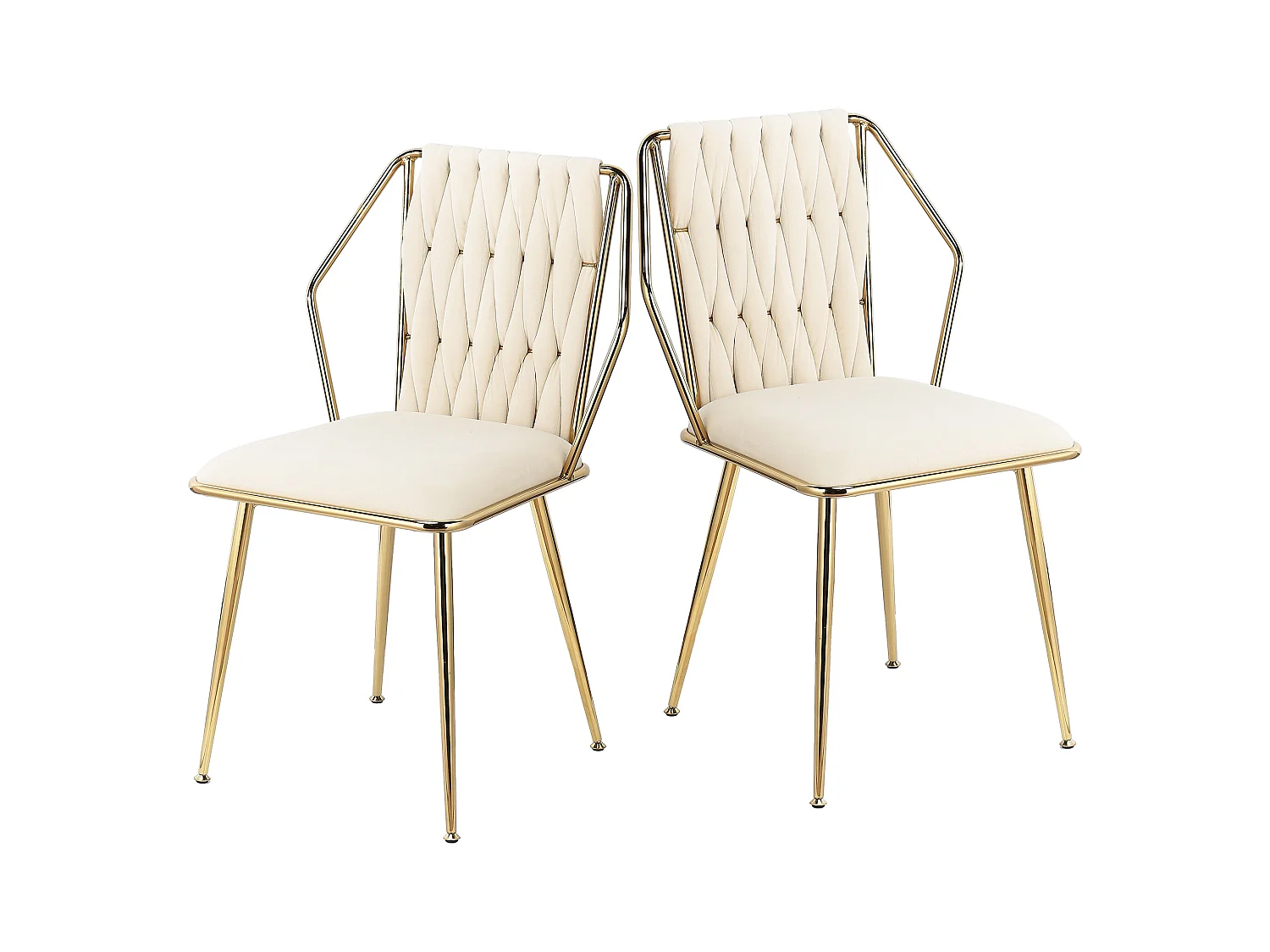 Lot de 2 chaises de salle à manger en velours - avec coussins confortables avec dossier tissé à la main - pieds robustes en métal doré - Beige