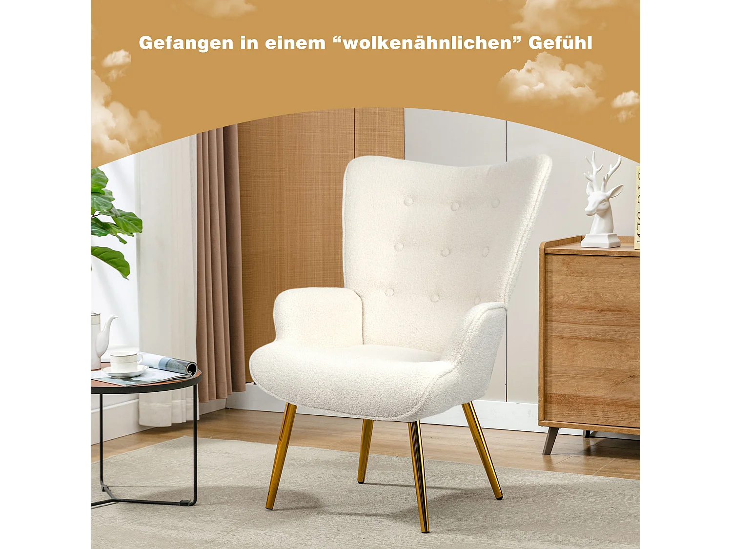 Poltrona scandinava con poggiapiedi, reclinabile, pile tinto, imbottita,  con gambe dorate, sedia TV, sedia da lettura per camera da letto,  soggiorno,