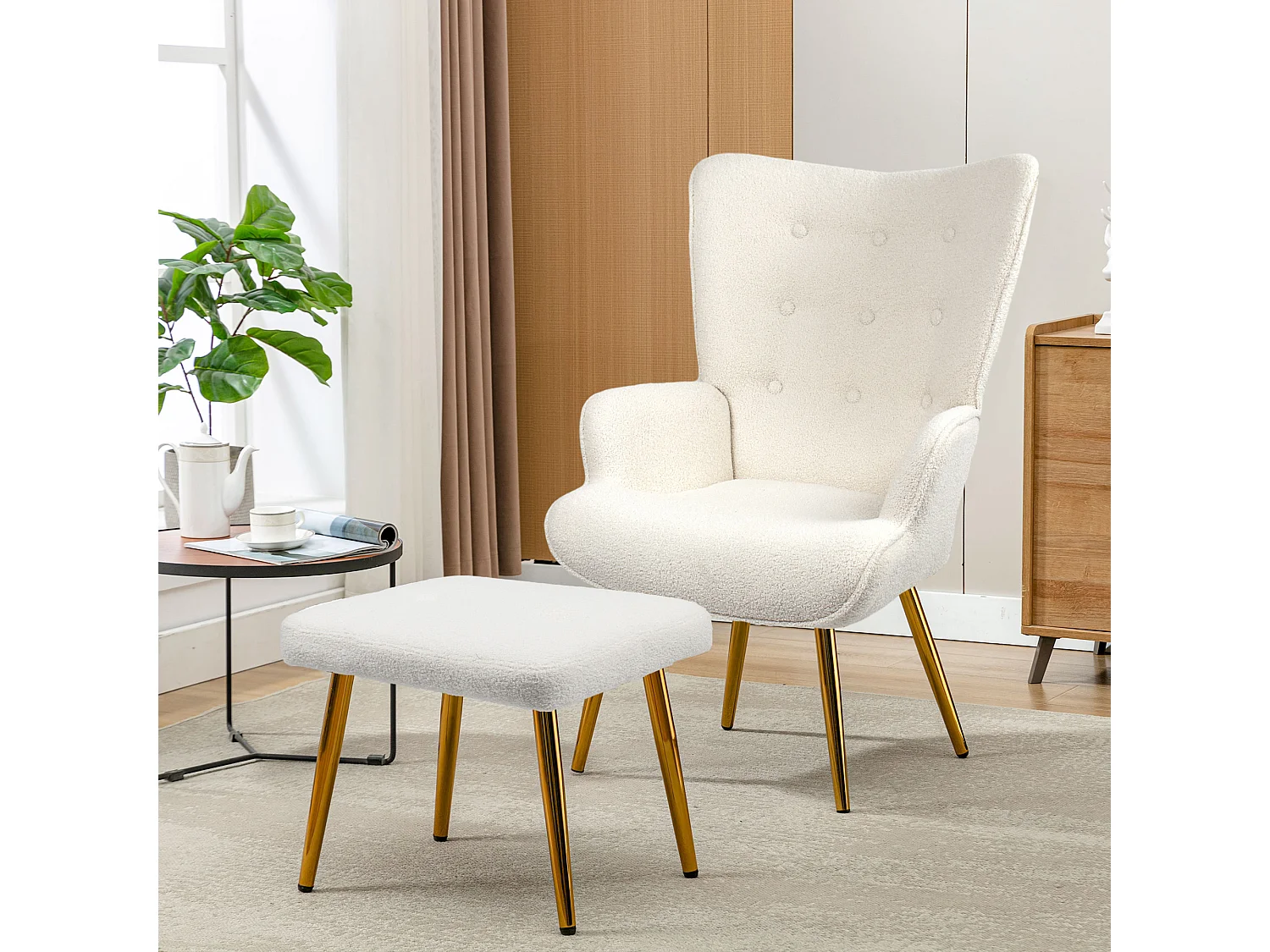 Poltrona escandinava com pufe, reclinável, lã tingida, estofada, com pernas douradas, cadeira de TV, cadeira de leitura para quarto, sala de estar, branca