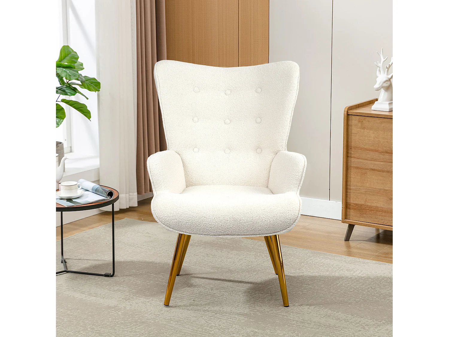 Poltrona escandinava com pufe, reclinável, lã tingida, estofada, com pernas douradas, cadeira de TV, cadeira de leitura para quarto, sala de estar, branca