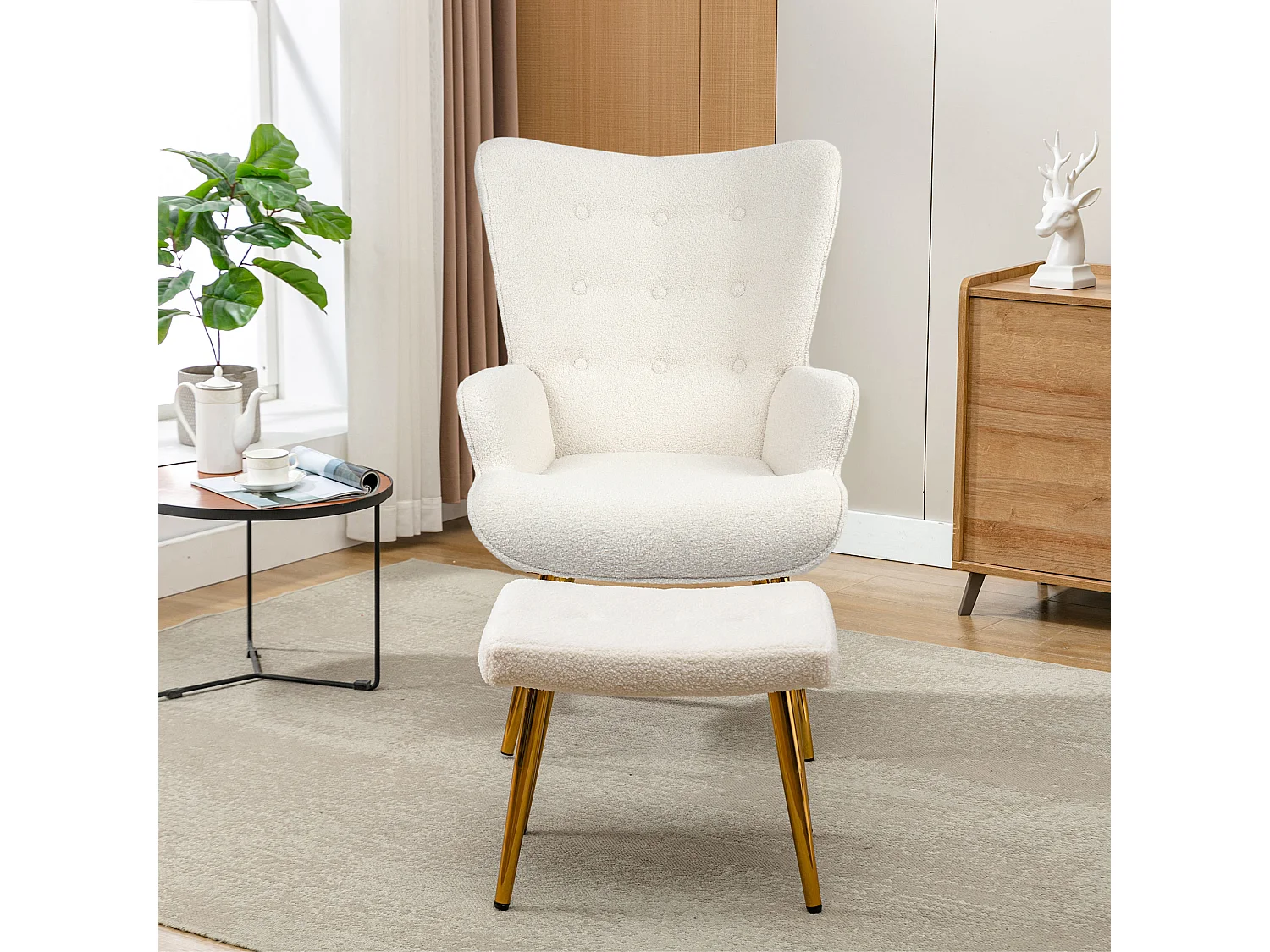 Poltrona escandinava com pufe, reclinável, lã tingida, estofada, com pernas douradas, cadeira de TV, cadeira de leitura para quarto, sala de estar, branca